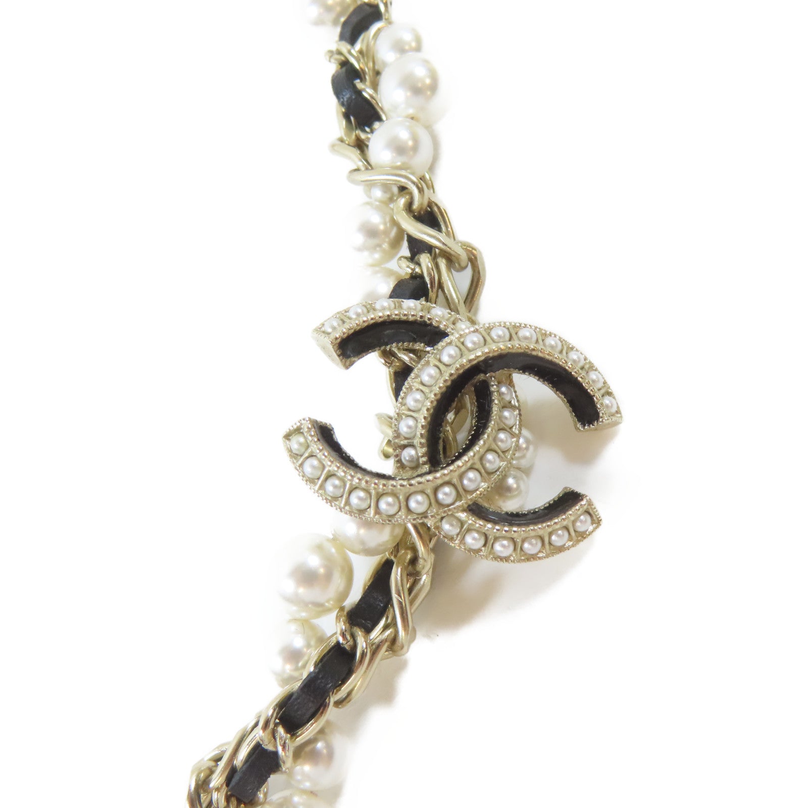 CHANEL PVC/金屬Pearl Long Chain項鍊粉紅色/黑色
