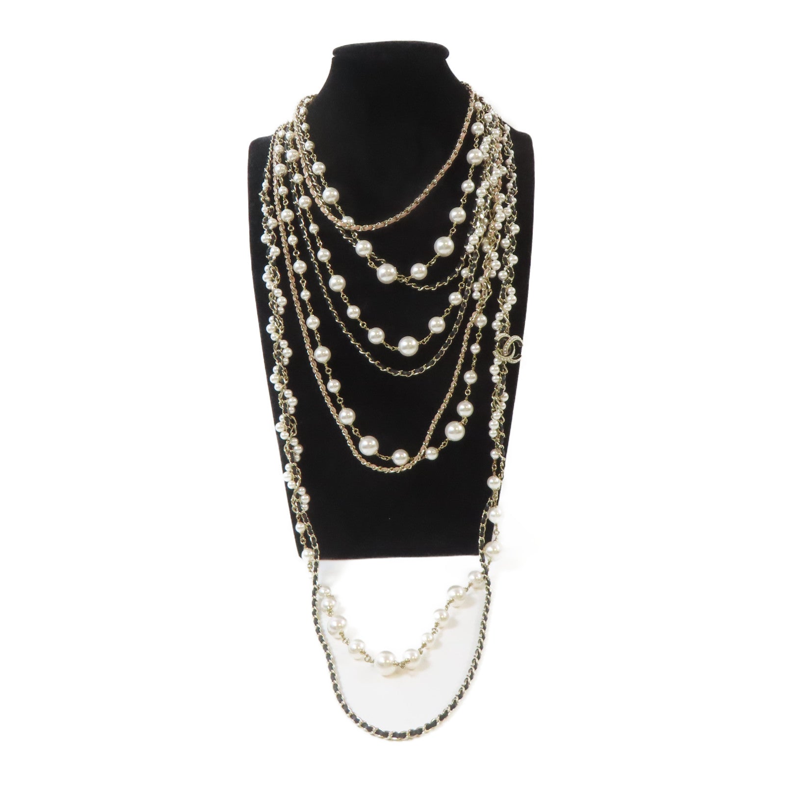 CHANEL PVC/金屬Pearl Long Chain項鍊粉紅色/黑色