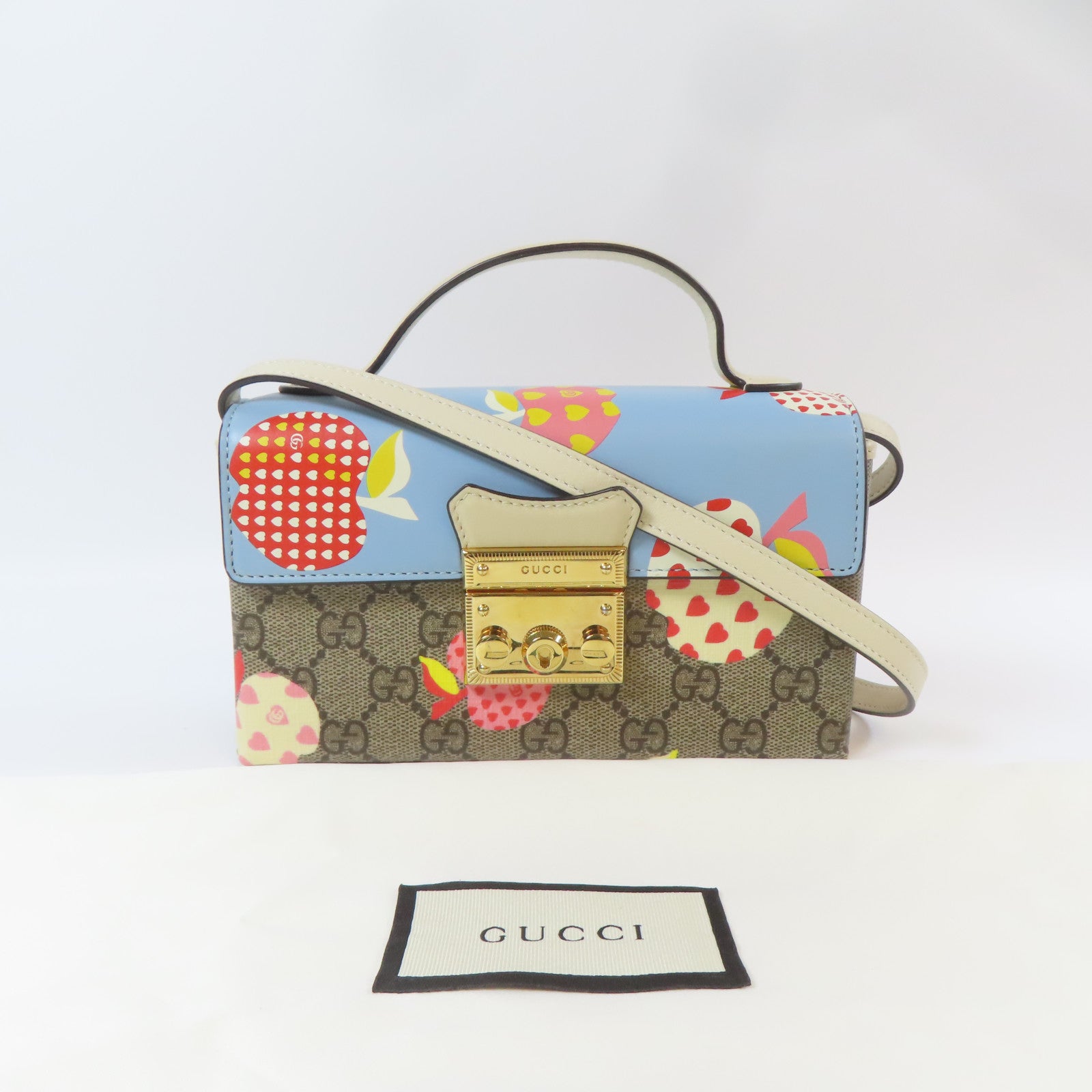 GUCCI 塗層帆布Padlock Mini金扣肩背袋藍色/米色