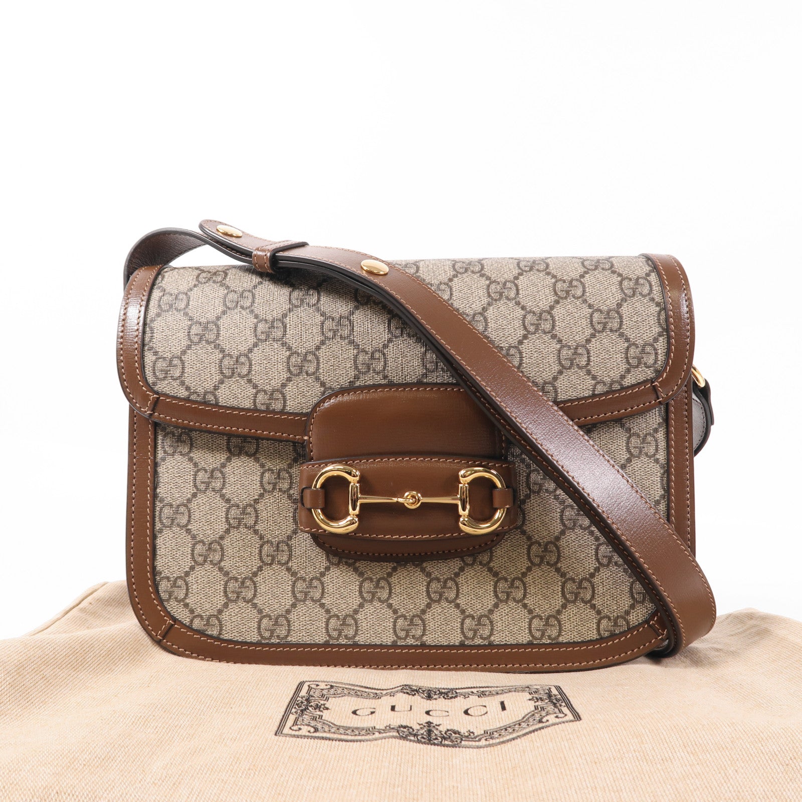 GUCCI GG GHW Horsebit 1955 MM Shoulder Bag 602204 Coated Canvas Brown