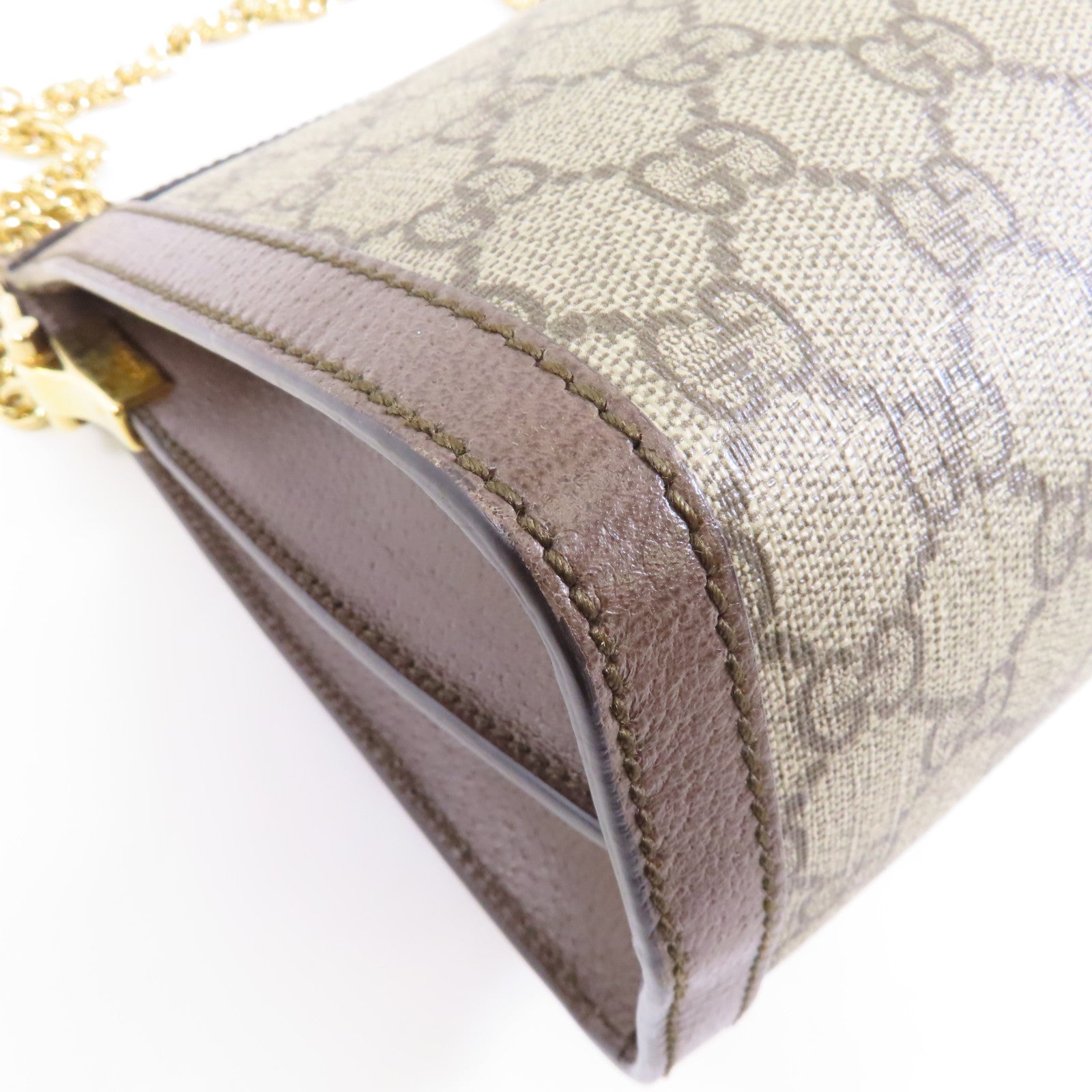 GUCCI 塗層帆布Ophidia GG金扣鏈帶肩背袋棕色