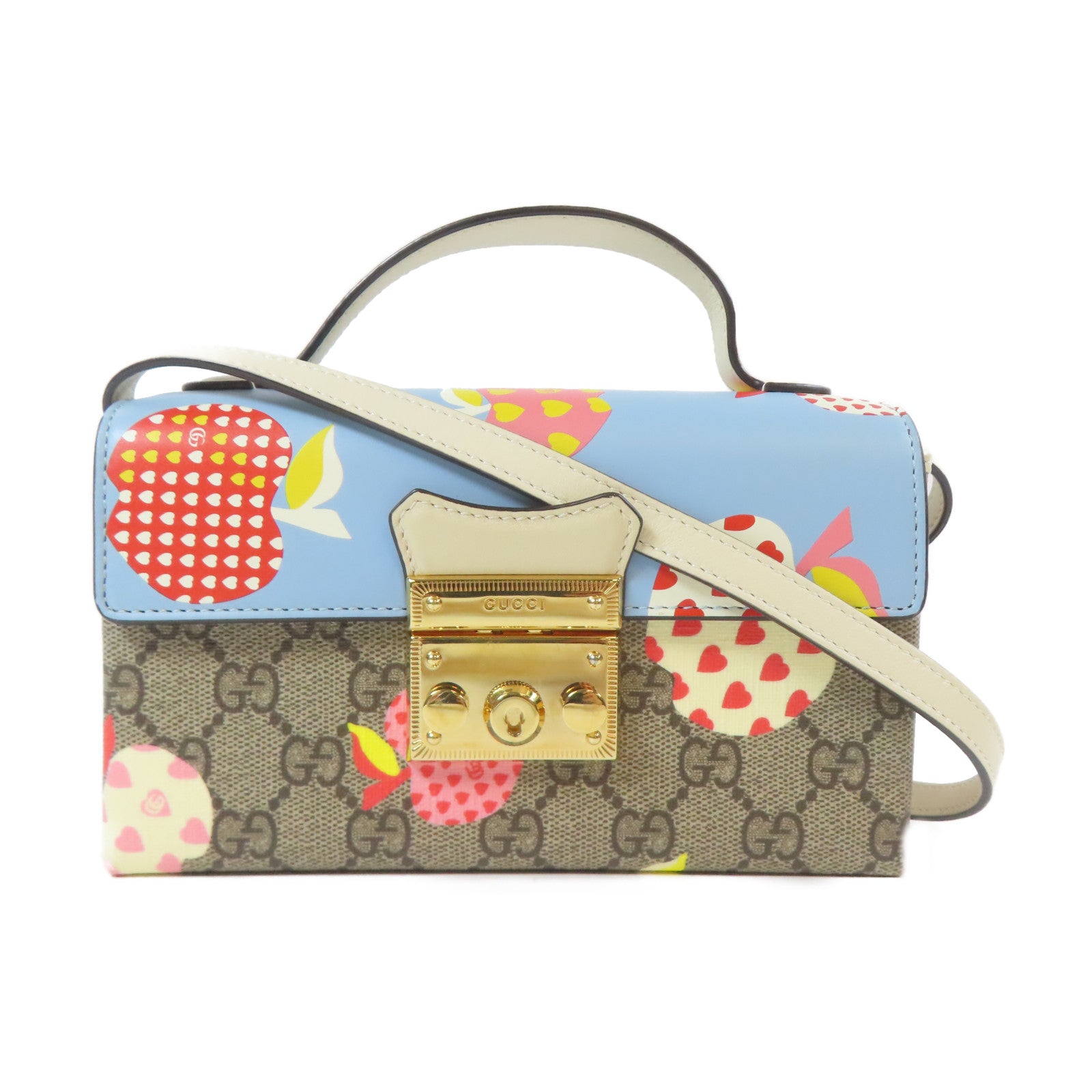 GUCCI 塗層帆布Padlock Mini金扣肩背袋藍色/米色