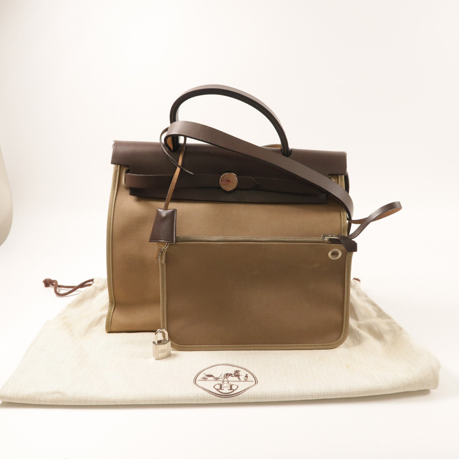 HERMES 帆布Herbag PM銀扣手挽肩背兩用袋Etoupe