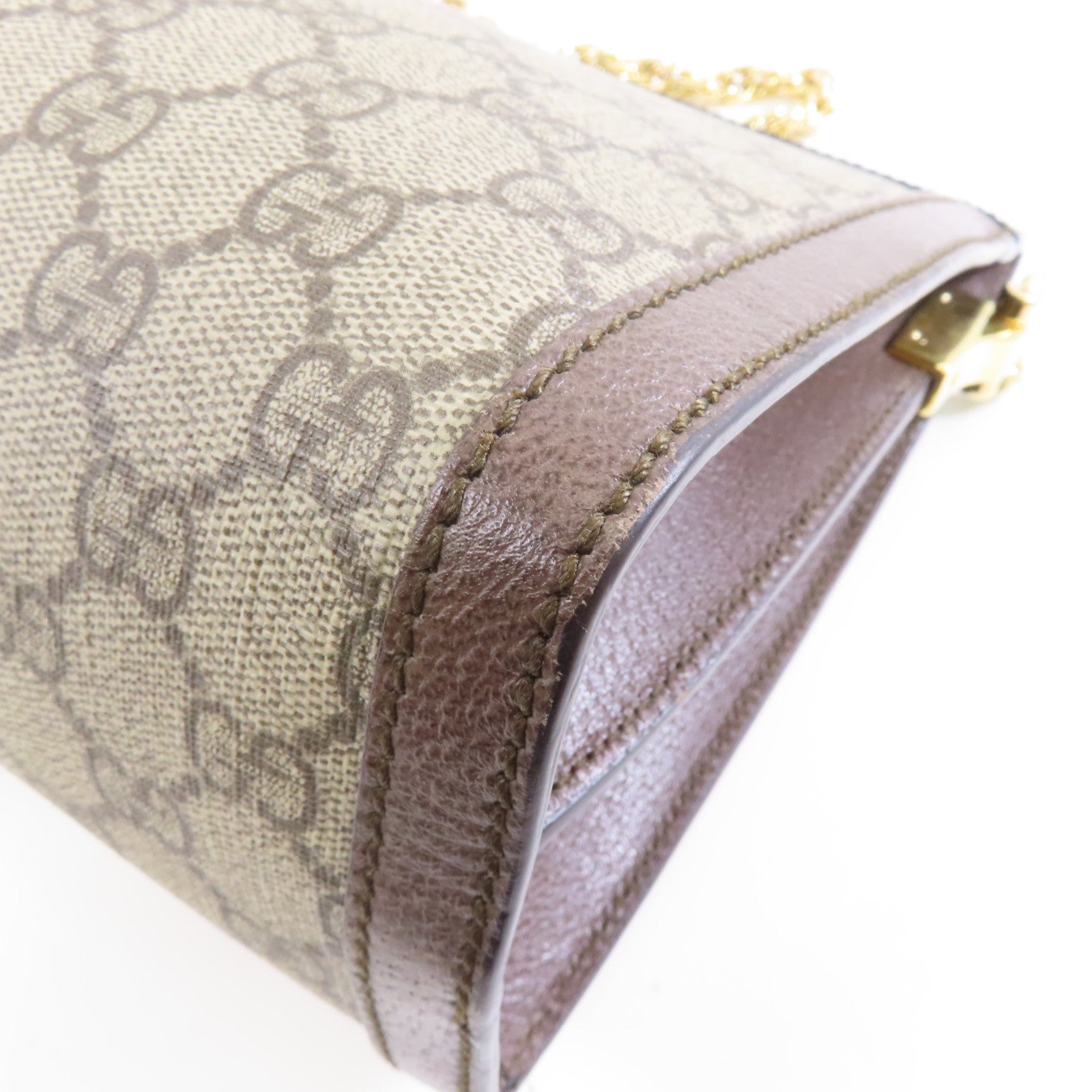 GUCCI 塗層帆布Ophidia GG金扣鏈帶肩背袋棕色