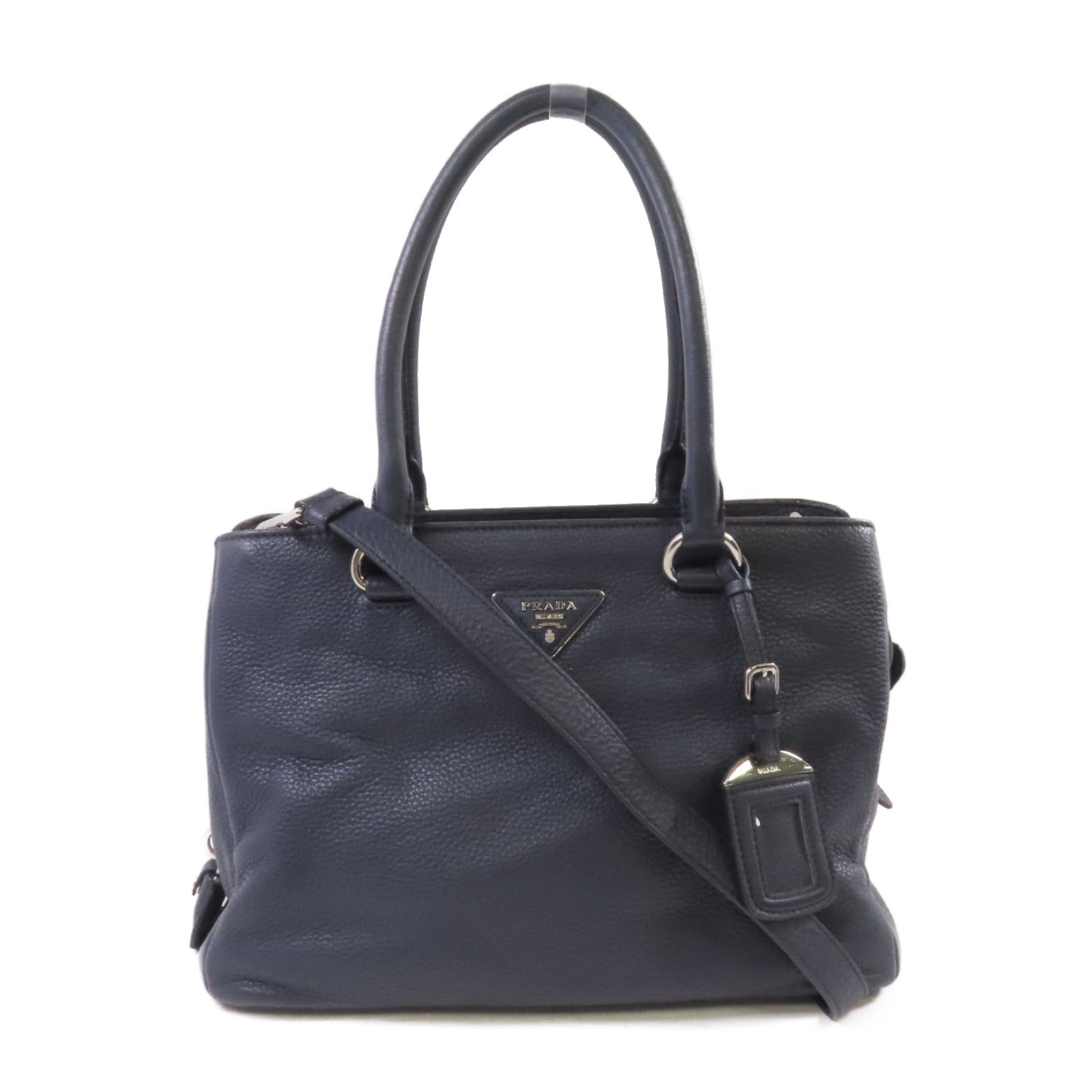 PRADA 牛皮皮革2way Shoulder Bag銀扣手挽肩背兩用袋寶藍色