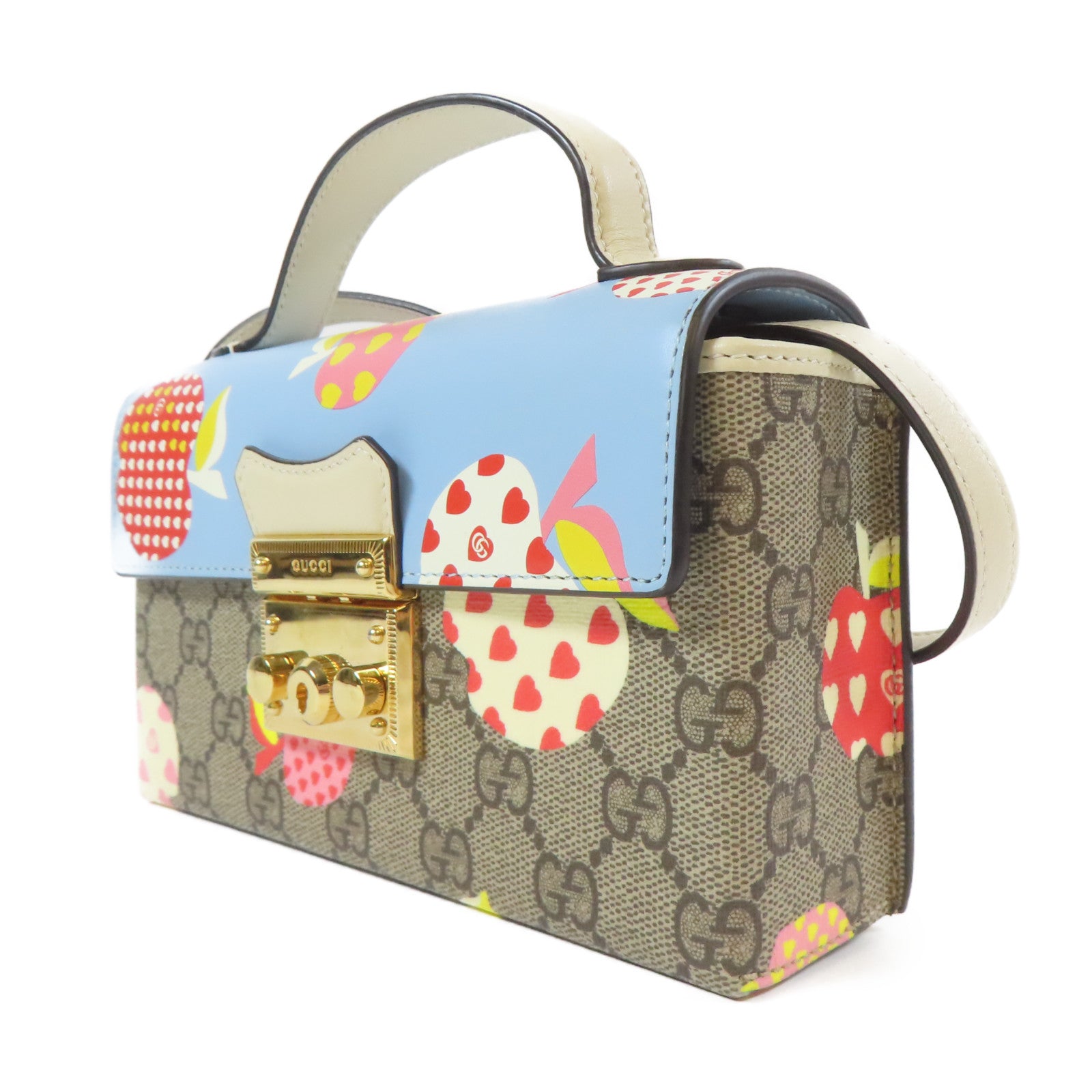 GUCCI 塗層帆布Padlock Mini金扣肩背袋藍色/米色