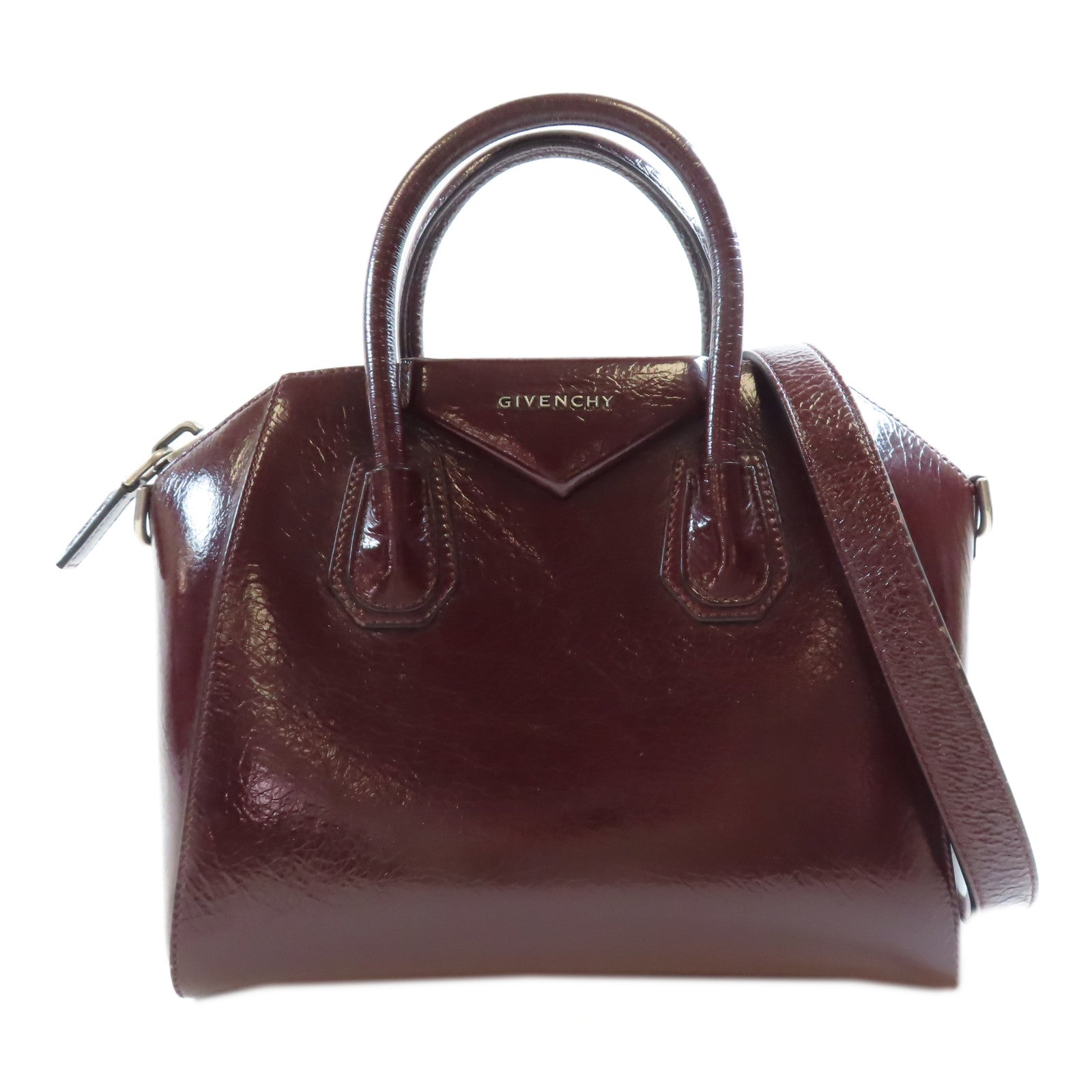 GIVENCHY 牛皮皮革Antigona銀扣手挽肩背兩用袋酒紅色