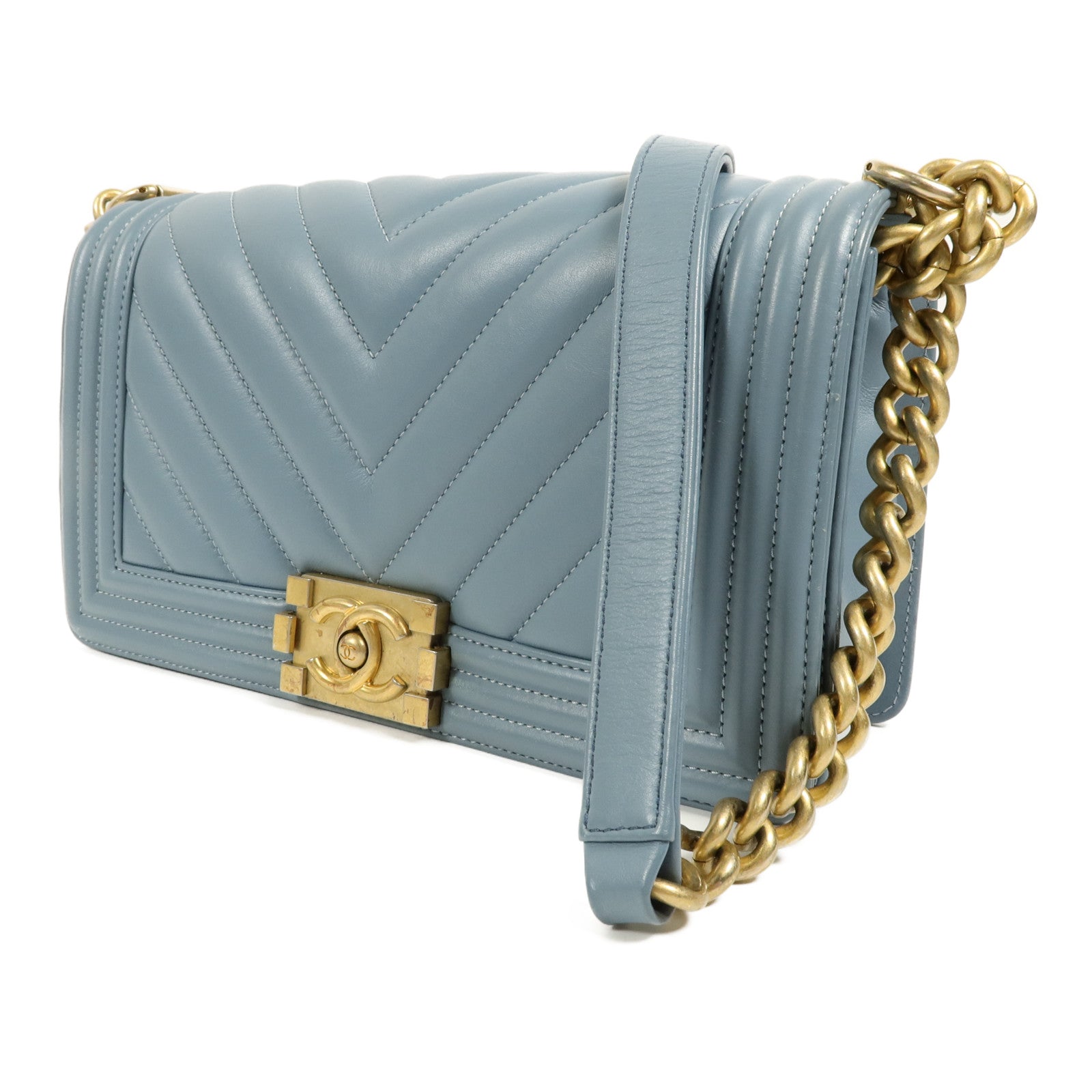 CHANEL 羊皮皮革Boy 25金扣鏈帶肩背袋