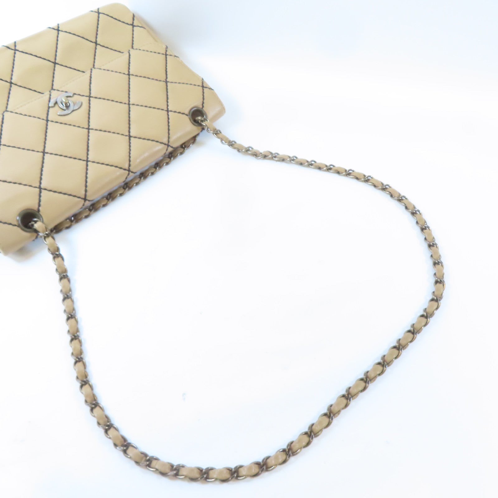 CHANEL 菱格牛皮皮革Chain Shoulder金扣鏈帶肩背袋啡色