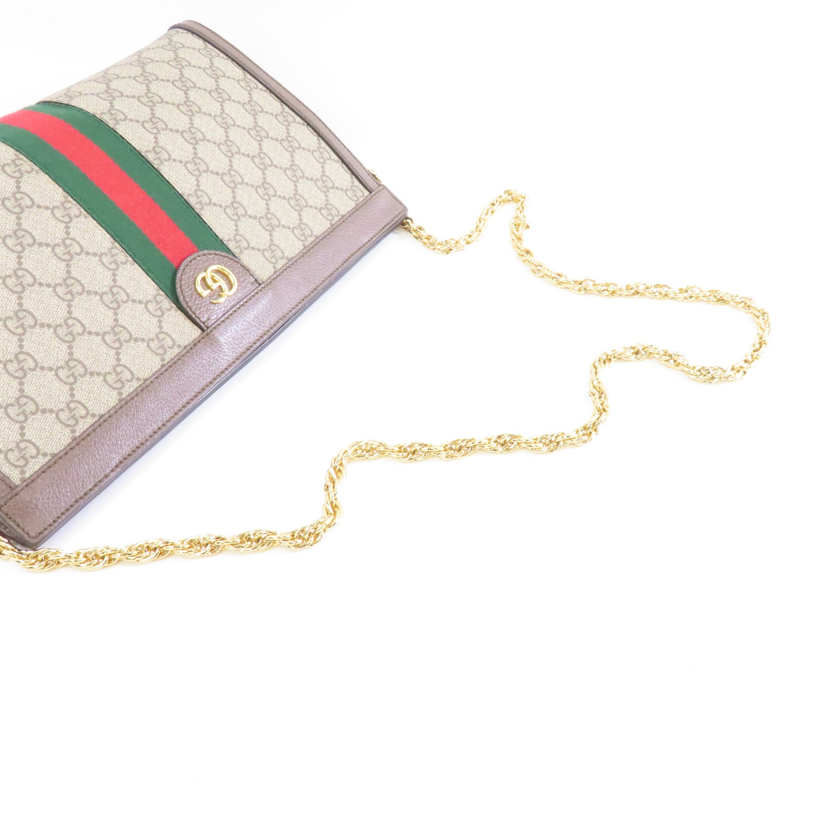 GUCCI 塗層帆布Ophidia GG金扣鏈帶肩背袋棕色