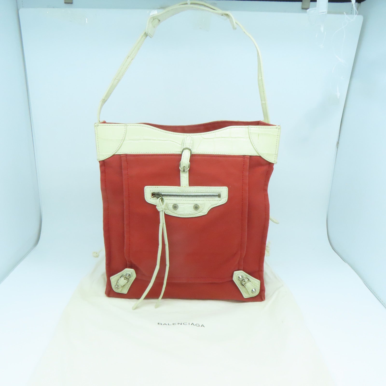 BALENCIAGA 【激減優惠】帆布/皮革Tote Bag銀扣肩背袋紅色/白色