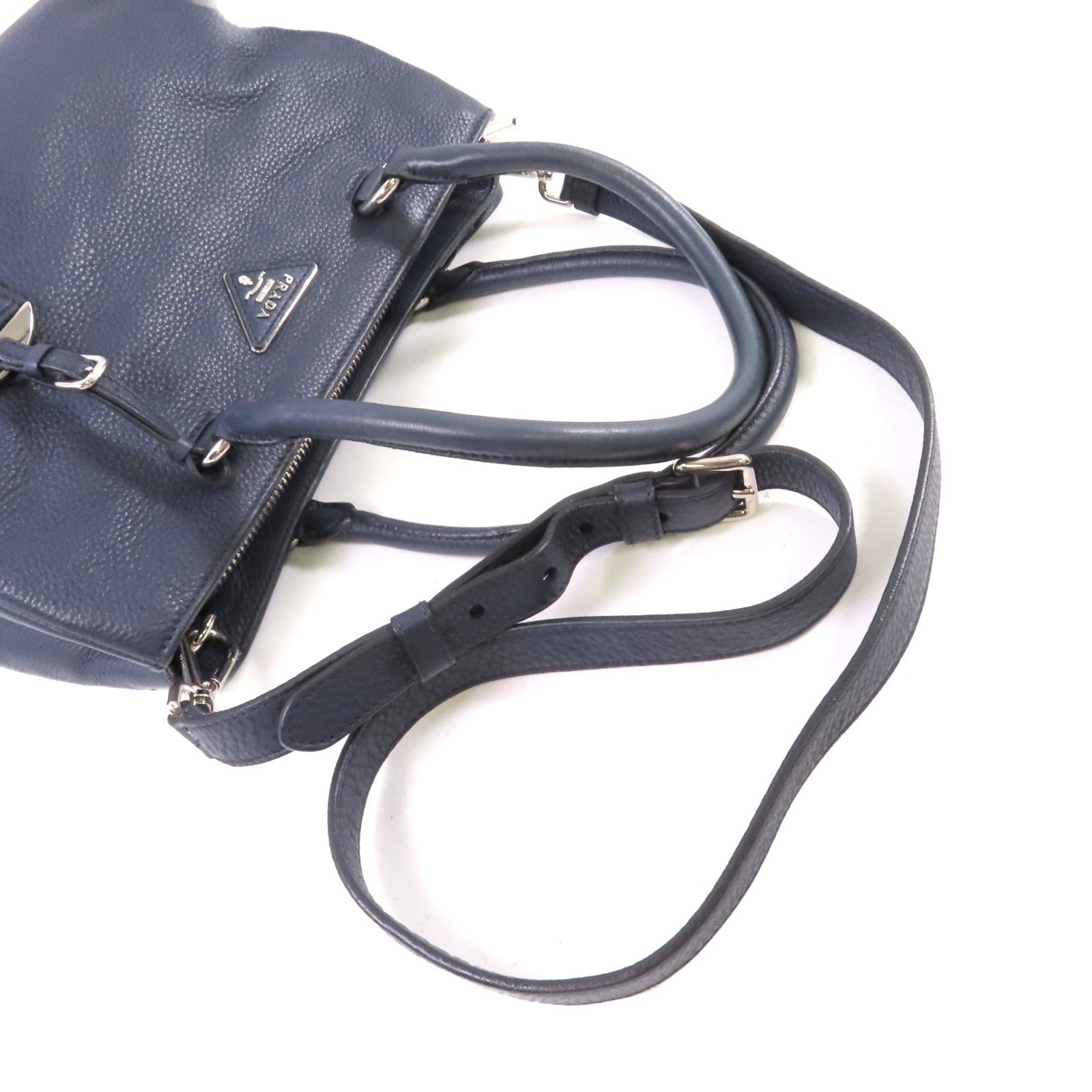 PRADA 牛皮皮革2way Shoulder Bag銀扣手挽肩背兩用袋寶藍色