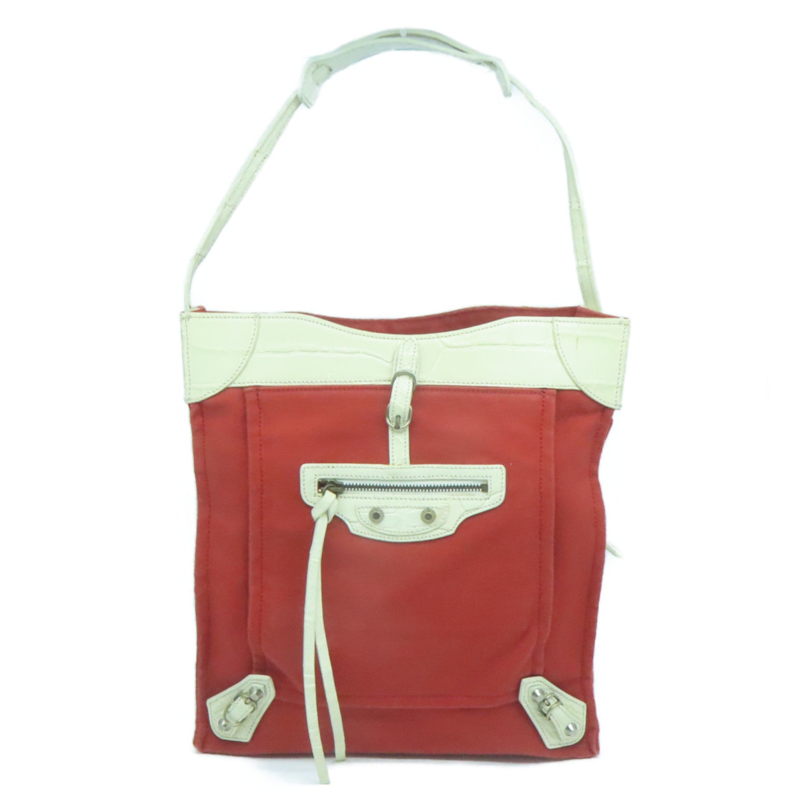 BALENCIAGA 【激減優惠】帆布/皮革Tote Bag銀扣肩背袋紅色/白色