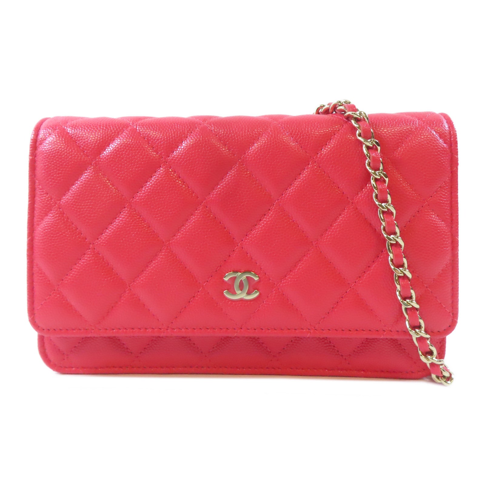 CHANEL 菱格牛皮皮革WOC Wallet On Chain金扣鏈帶肩背袋粉紅色