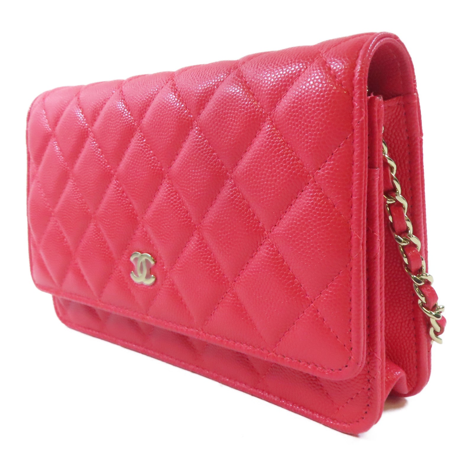 CHANEL 菱格牛皮皮革WOC Wallet On Chain金扣鏈帶肩背袋粉紅色