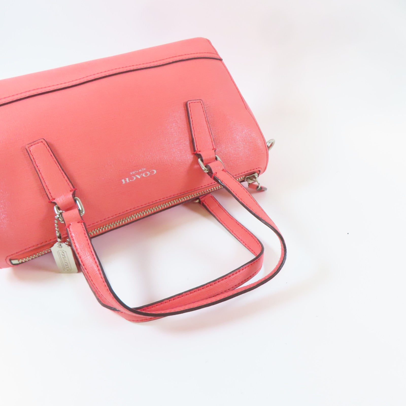 COACH 【激減優惠】牛皮皮革2 Way Shoulder銀扣手挽肩背兩用袋粉紅色