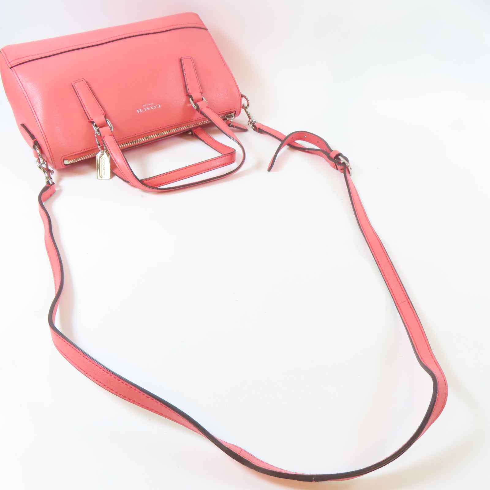 COACH 【激減優惠】牛皮皮革2 Way Shoulder銀扣手挽肩背兩用袋粉紅色