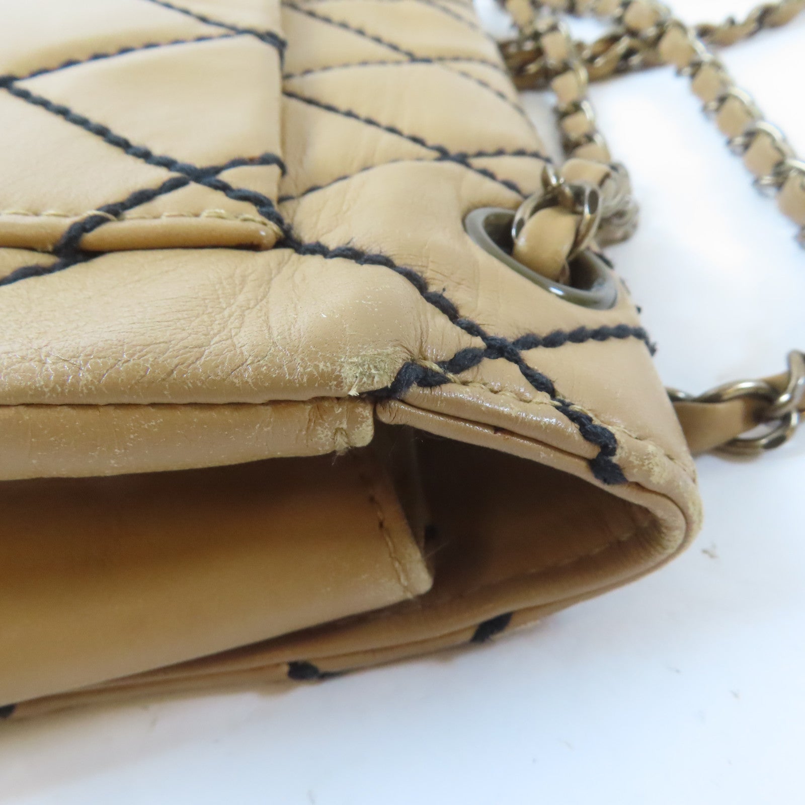 CHANEL 菱格牛皮皮革Chain Shoulder金扣鏈帶肩背袋啡色