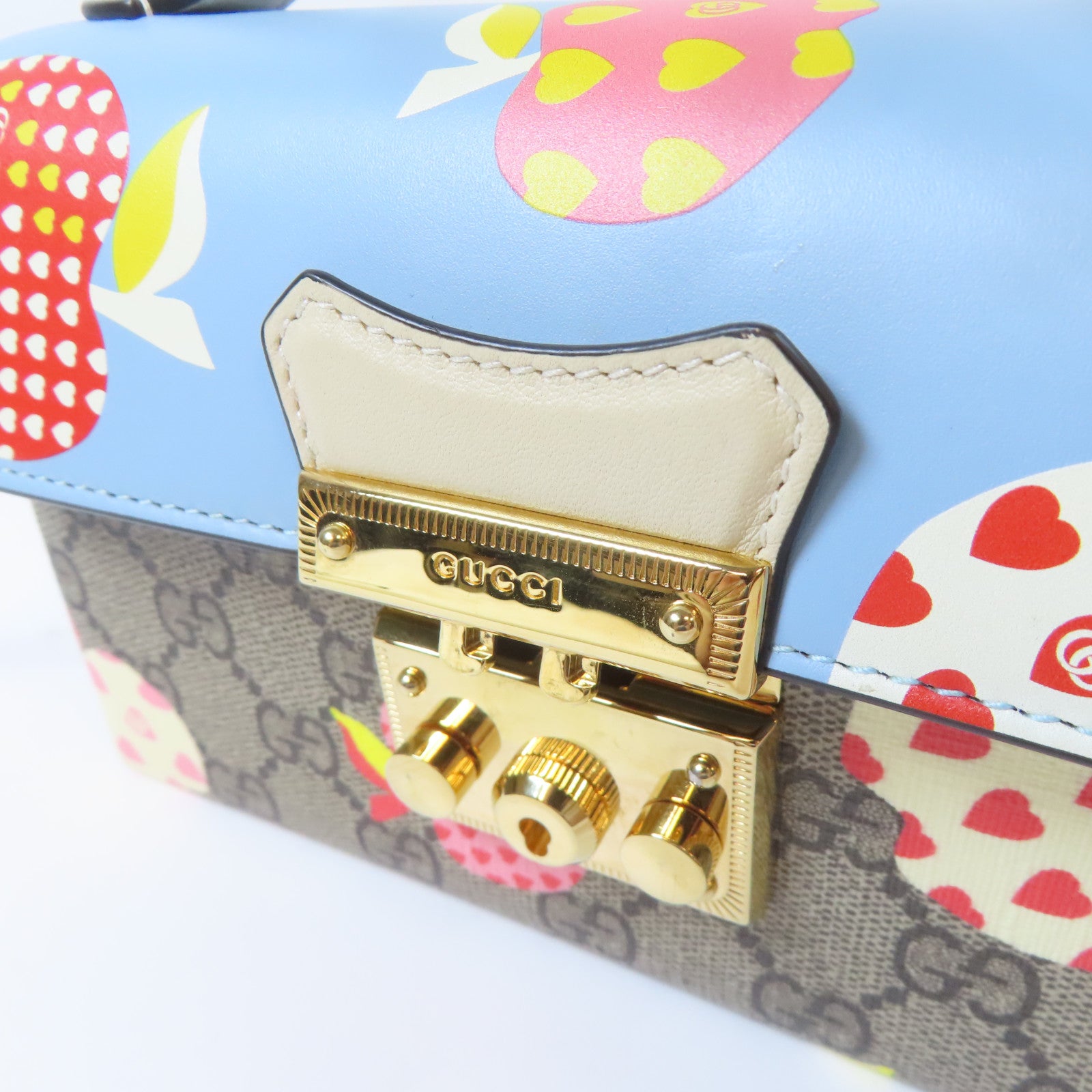 GUCCI 塗層帆布Padlock Mini金扣肩背袋藍色/米色