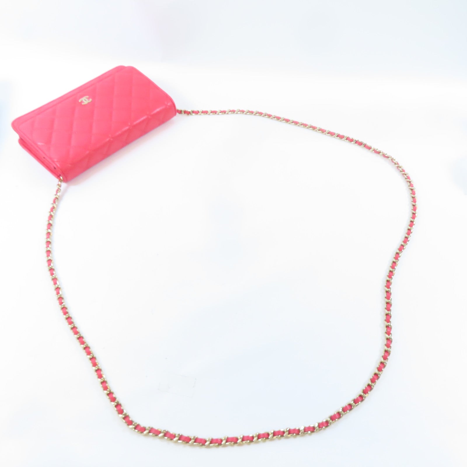 CHANEL 菱格牛皮皮革WOC Wallet On Chain金扣鏈帶肩背袋粉紅色