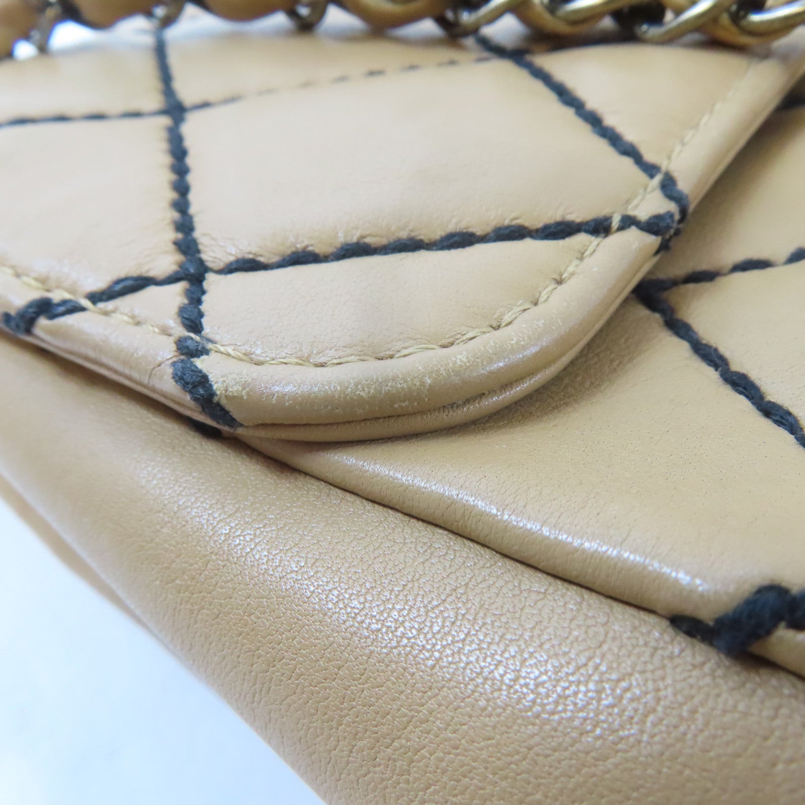 CHANEL 菱格牛皮皮革Chain Shoulder金扣鏈帶肩背袋啡色