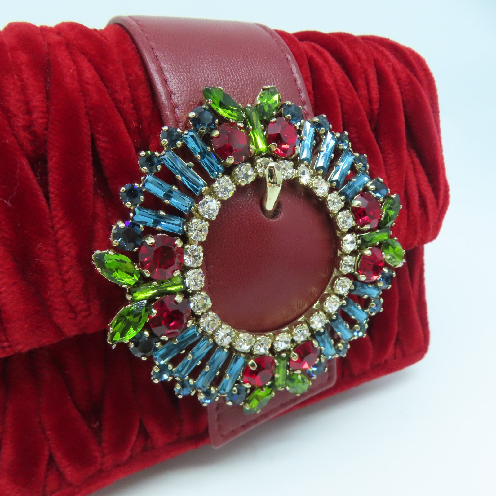 Miu Miu 天鵝絨Chain Shoulder金扣鏈帶肩背袋紅色