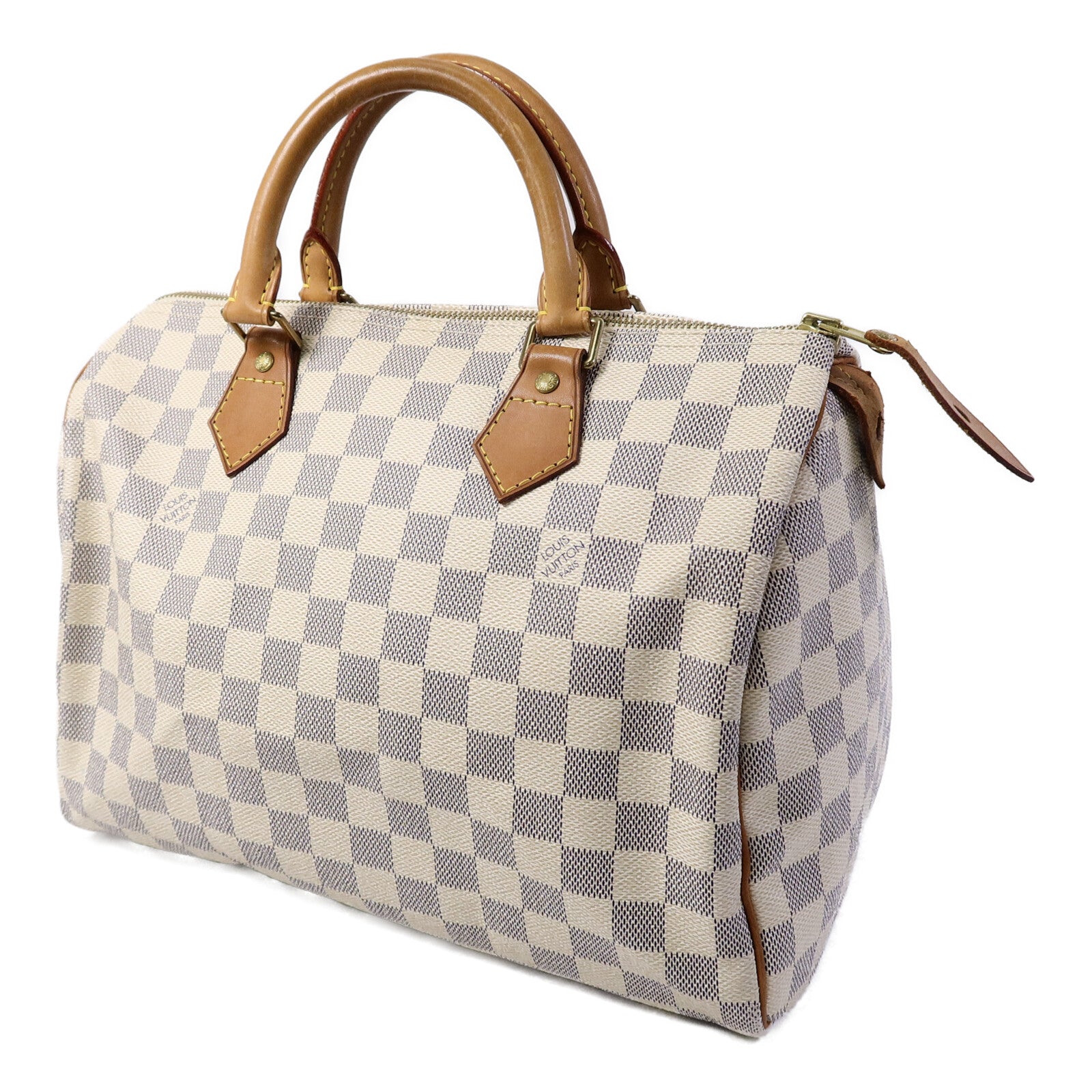 LOUIS VUITTON Damier Azur Speedy 30金扣手挽袋白色