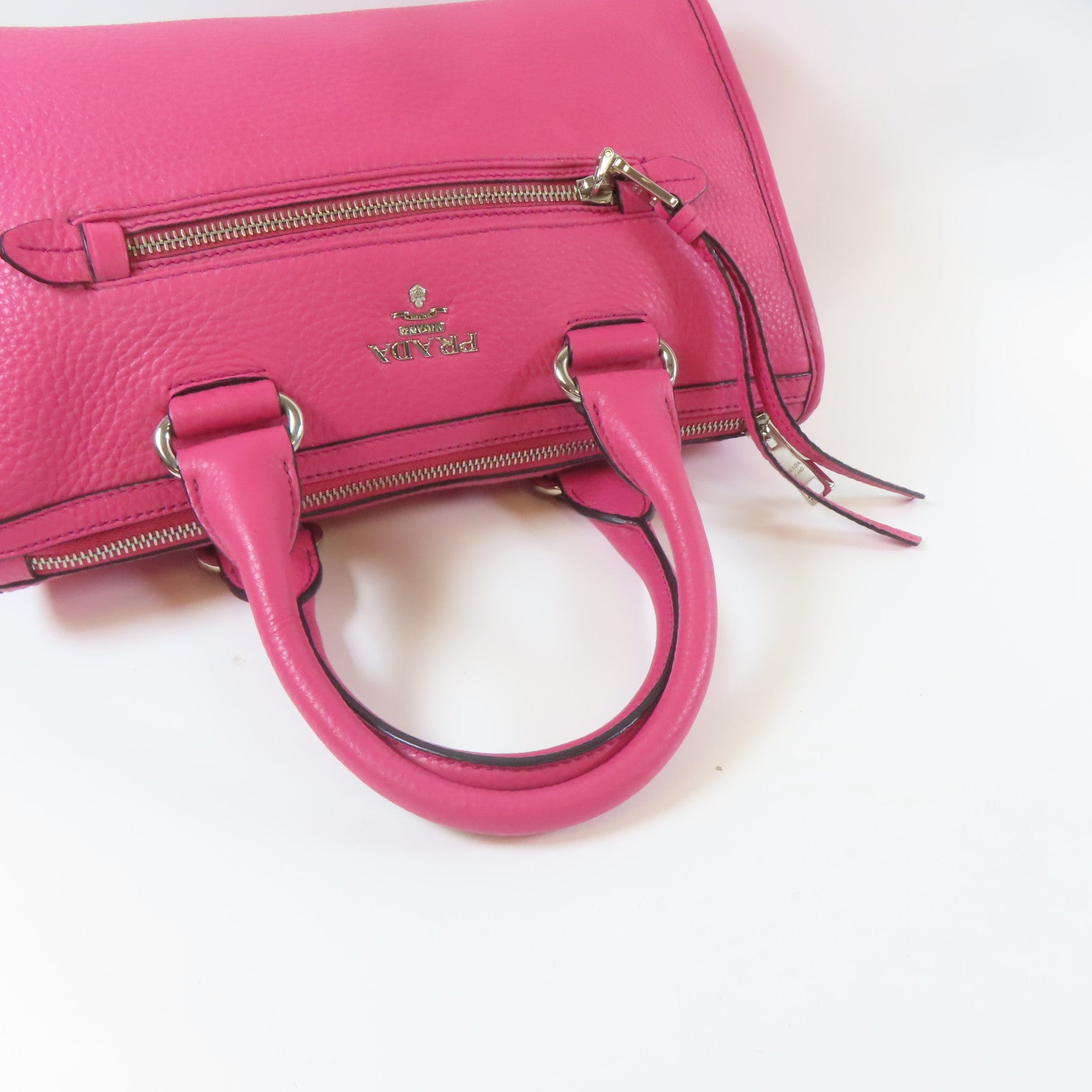 PRADA 【激減優惠】牛皮皮革Shoulder Bag銀扣手挽肩背兩用袋桃紅色