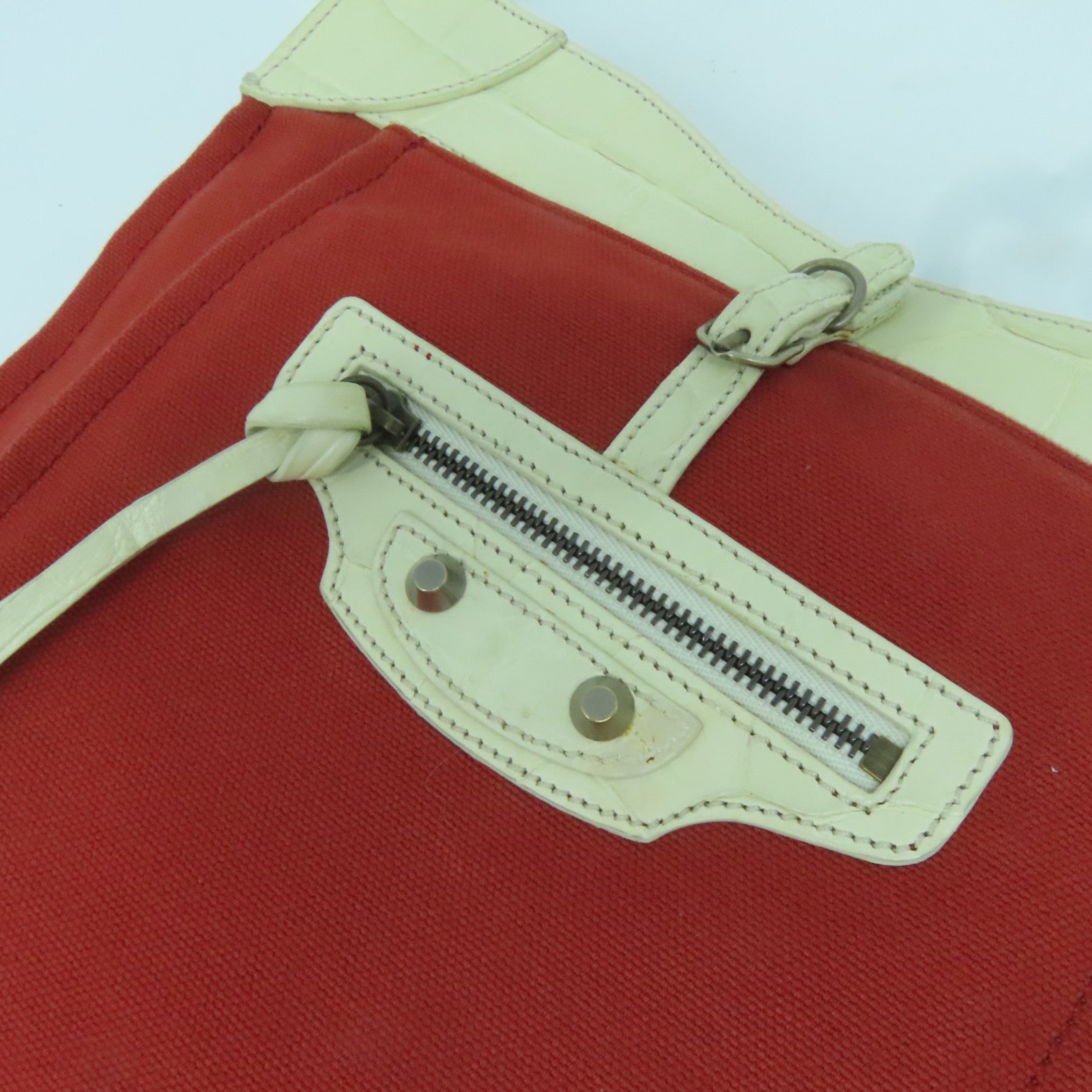 BALENCIAGA 【激減優惠】帆布/皮革Tote Bag銀扣肩背袋紅色/白色