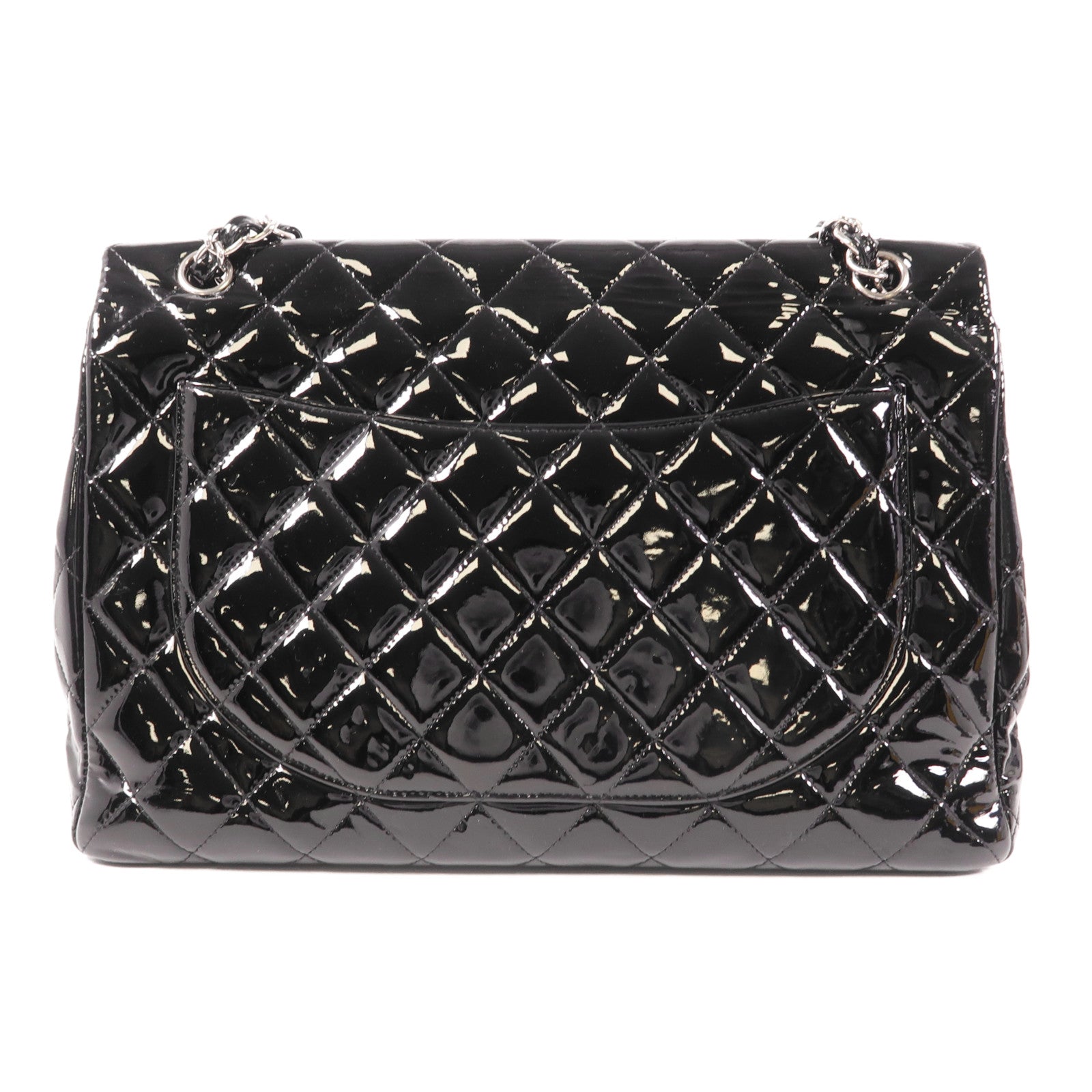 CHANEL 漆皮皮革Maxi Classic銀扣鏈帶肩背袋