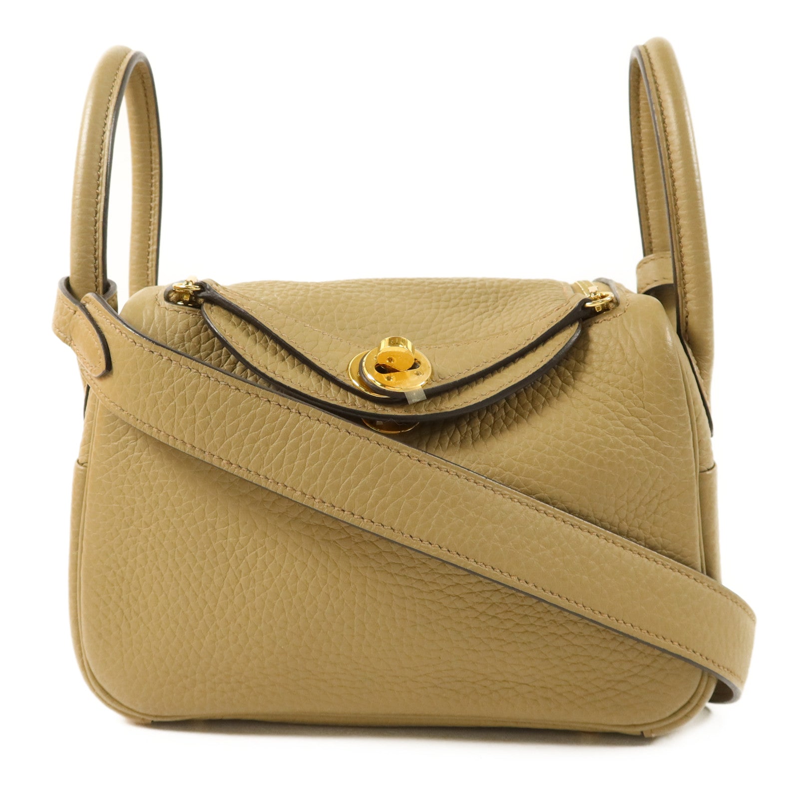 HERMES Clemence皮革Mini Lindy金扣手挽肩背兩用袋Beige Marfa