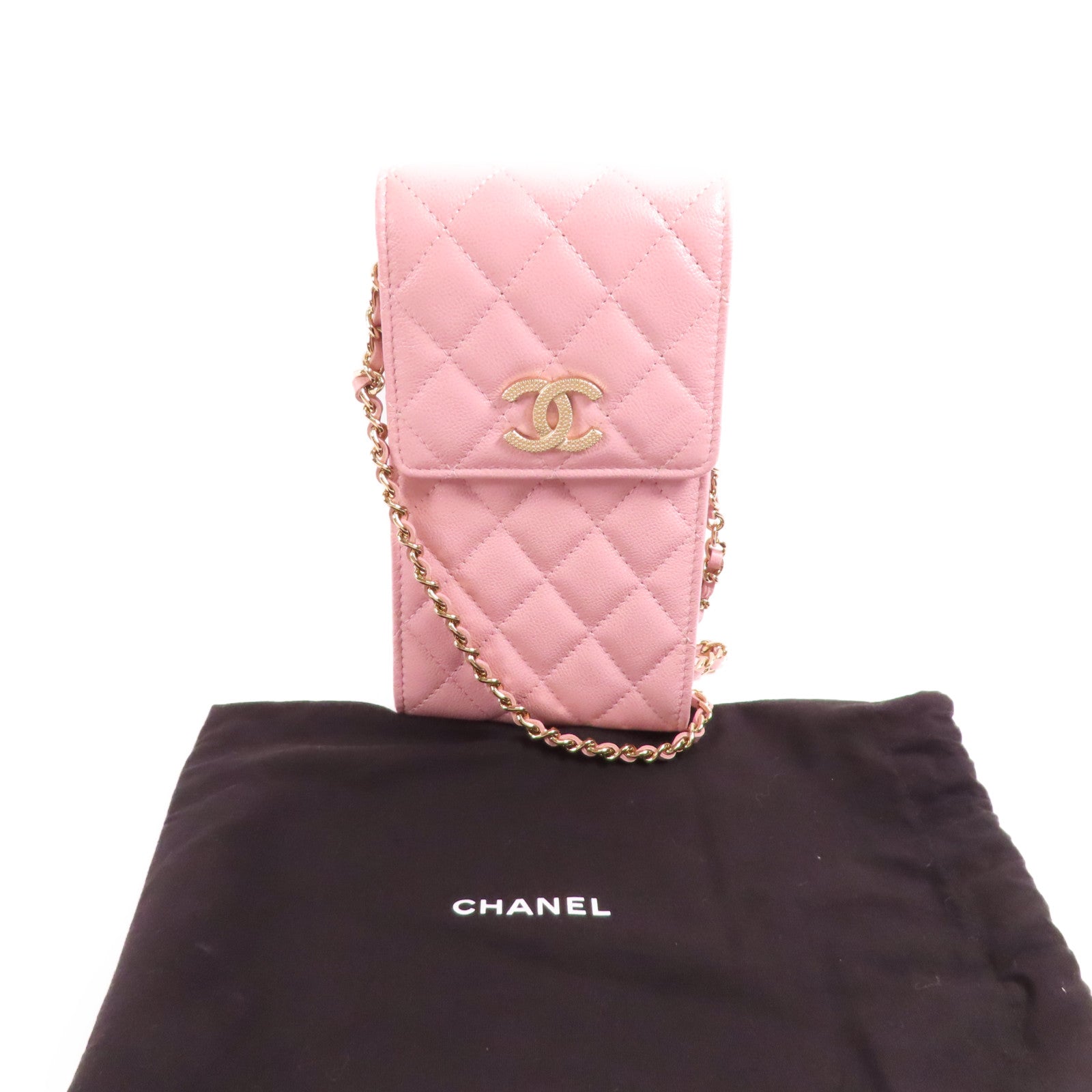 CHANEL 牛皮皮革Phone Bag金扣鏈帶肩背袋
