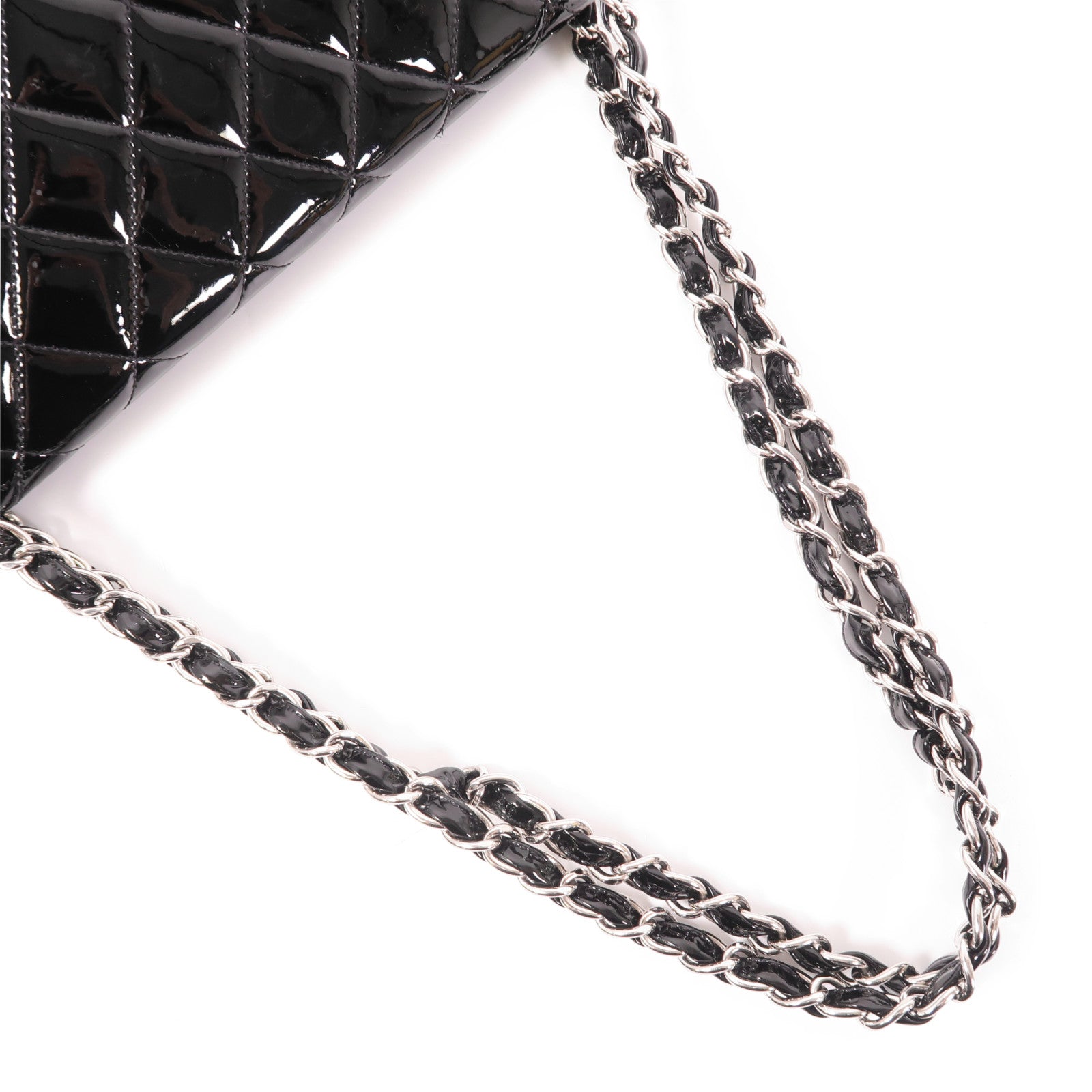 CHANEL 漆皮皮革Maxi Classic銀扣鏈帶肩背袋