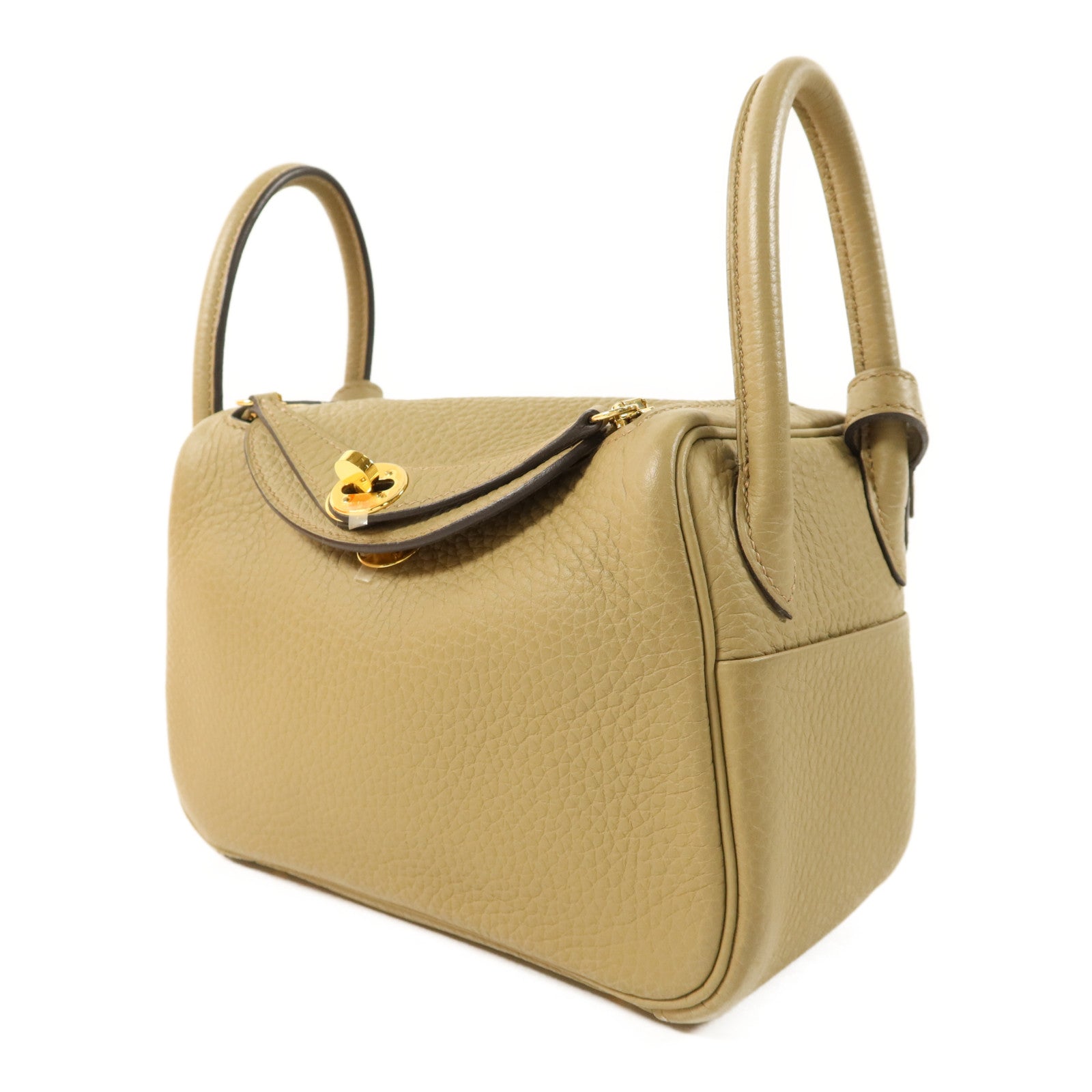 HERMES Clemence皮革Mini Lindy金扣手挽肩背兩用袋Beige Marfa