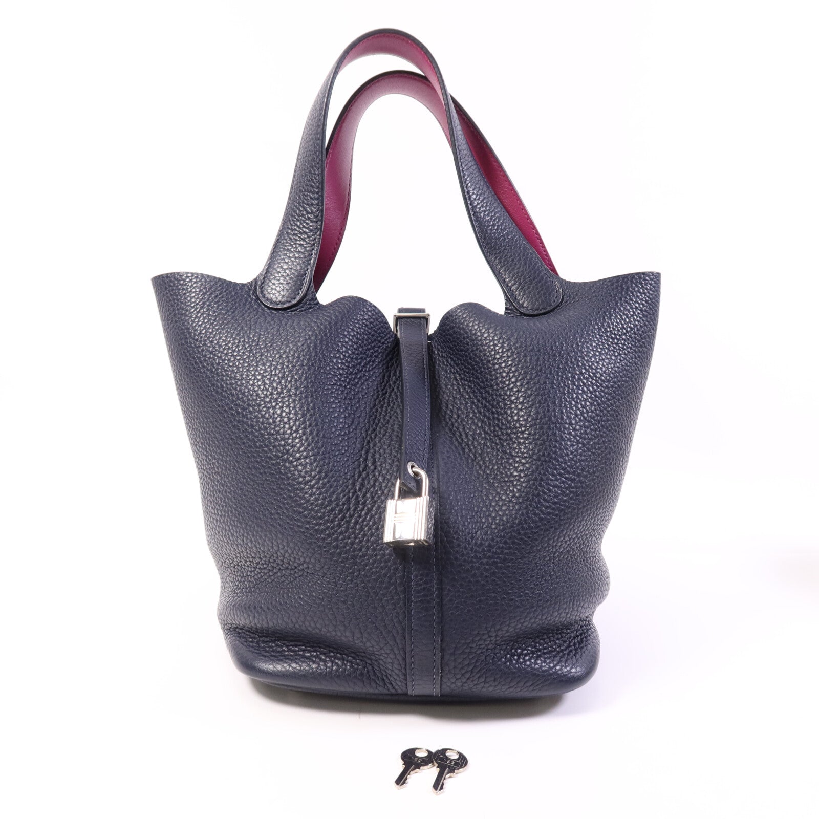 HERMES 【激減優惠】Togo皮革Picotin MM銀扣手挽袋Bleu Nuit/Rose Pourpre