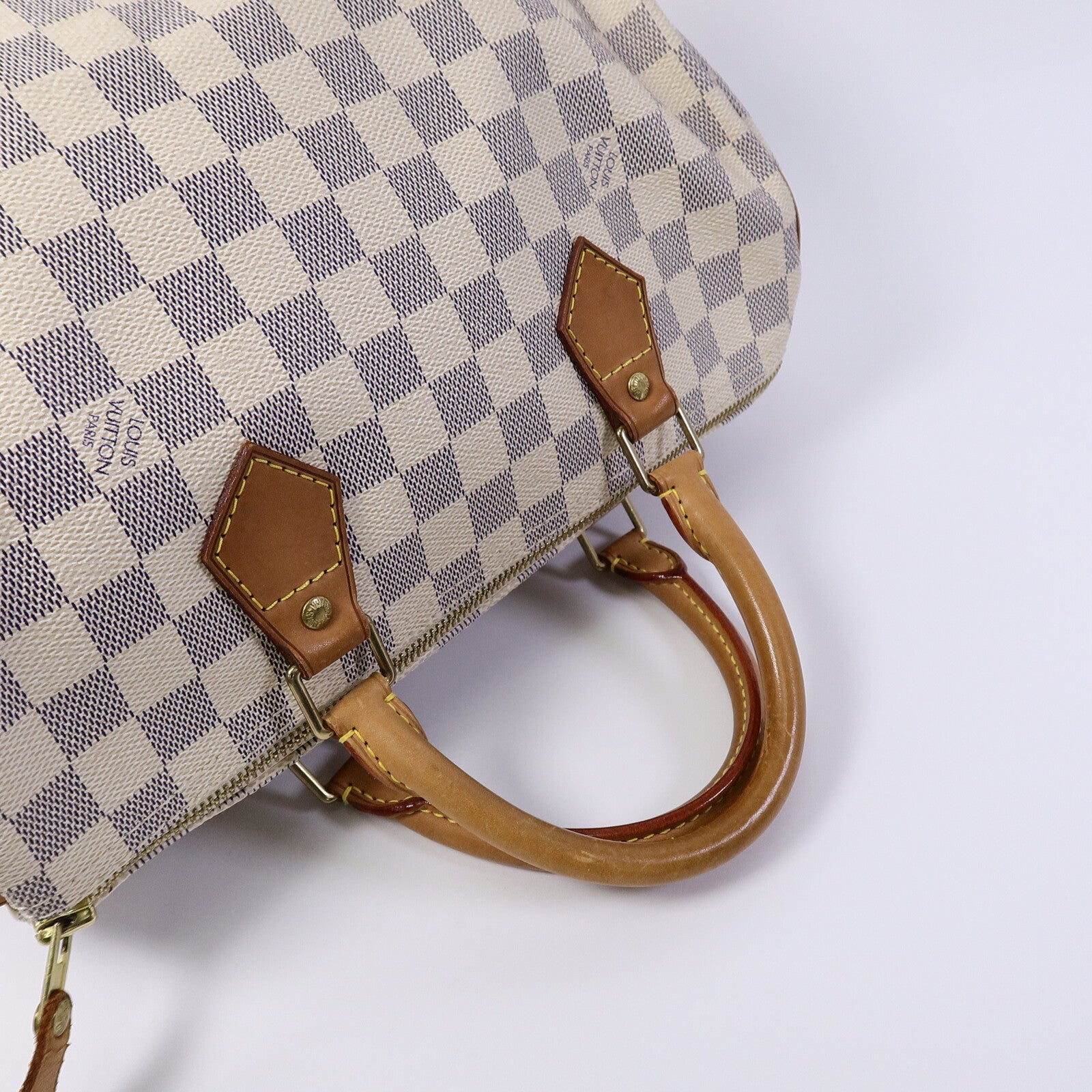 LOUIS VUITTON Damier Azur Speedy 30金扣手挽袋白色