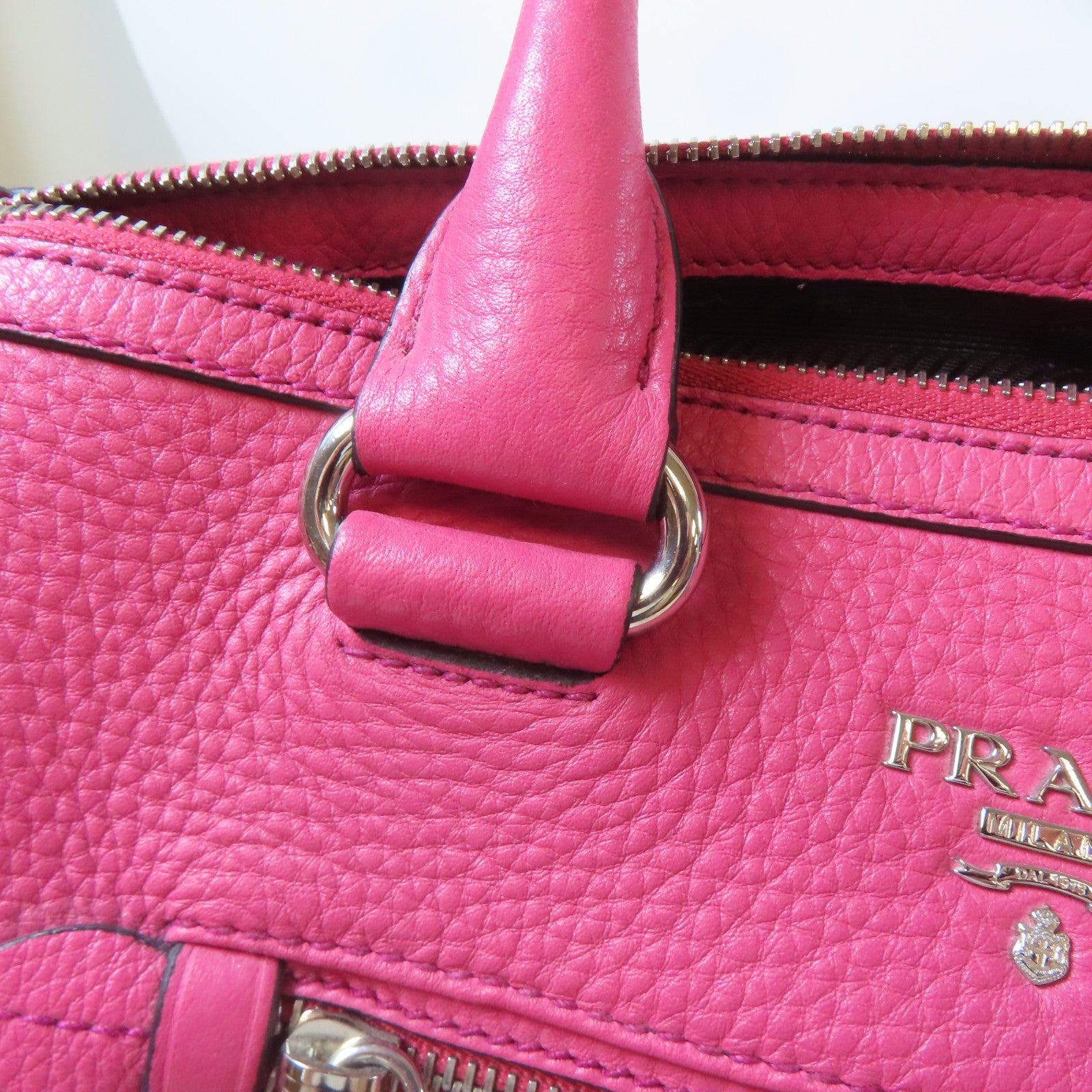 PRADA 【激減優惠】牛皮皮革Shoulder Bag銀扣手挽肩背兩用袋桃紅色