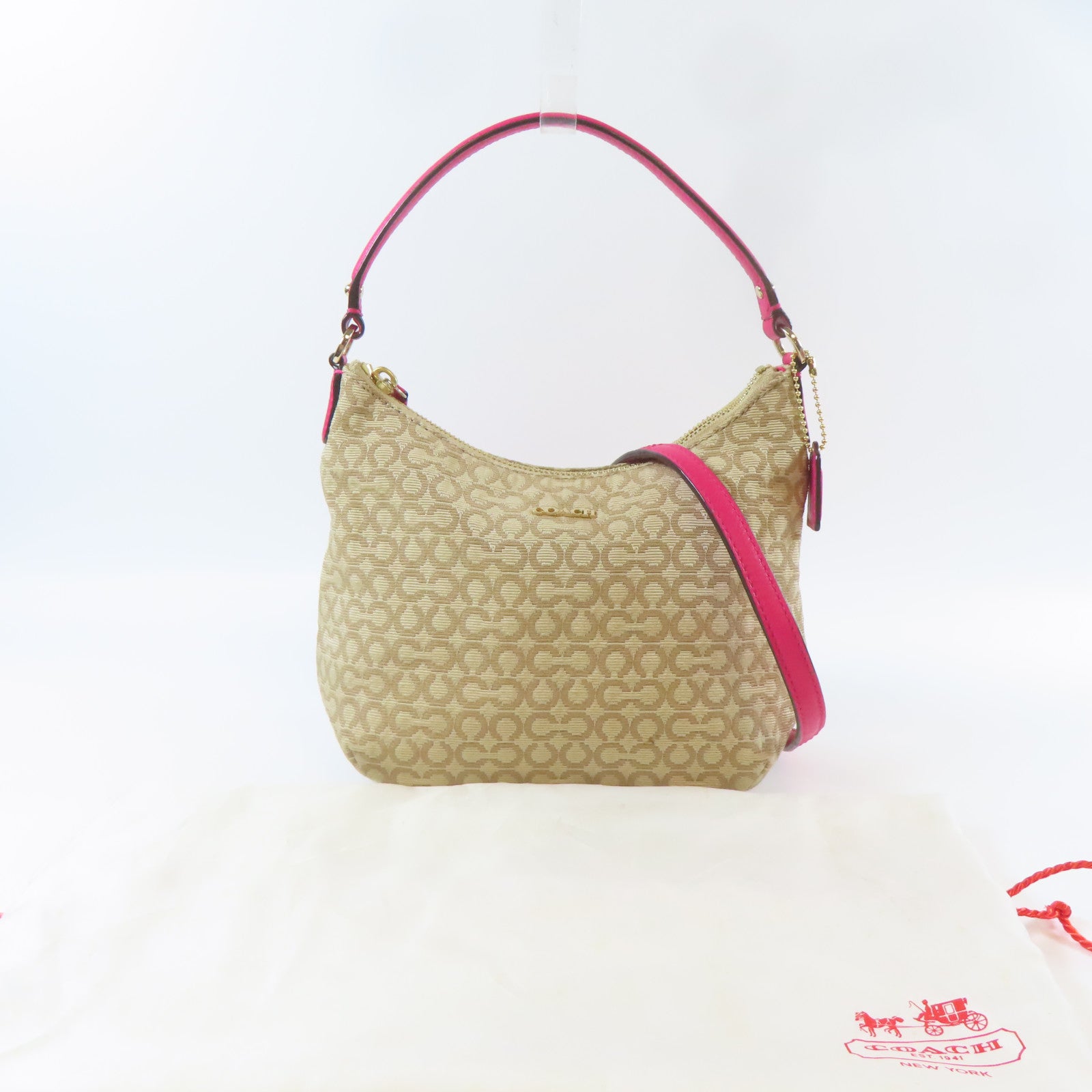 COACH 【激減優惠】帆布2 Way Shoulder金扣手挽肩背兩用袋啡色/粉紅色
