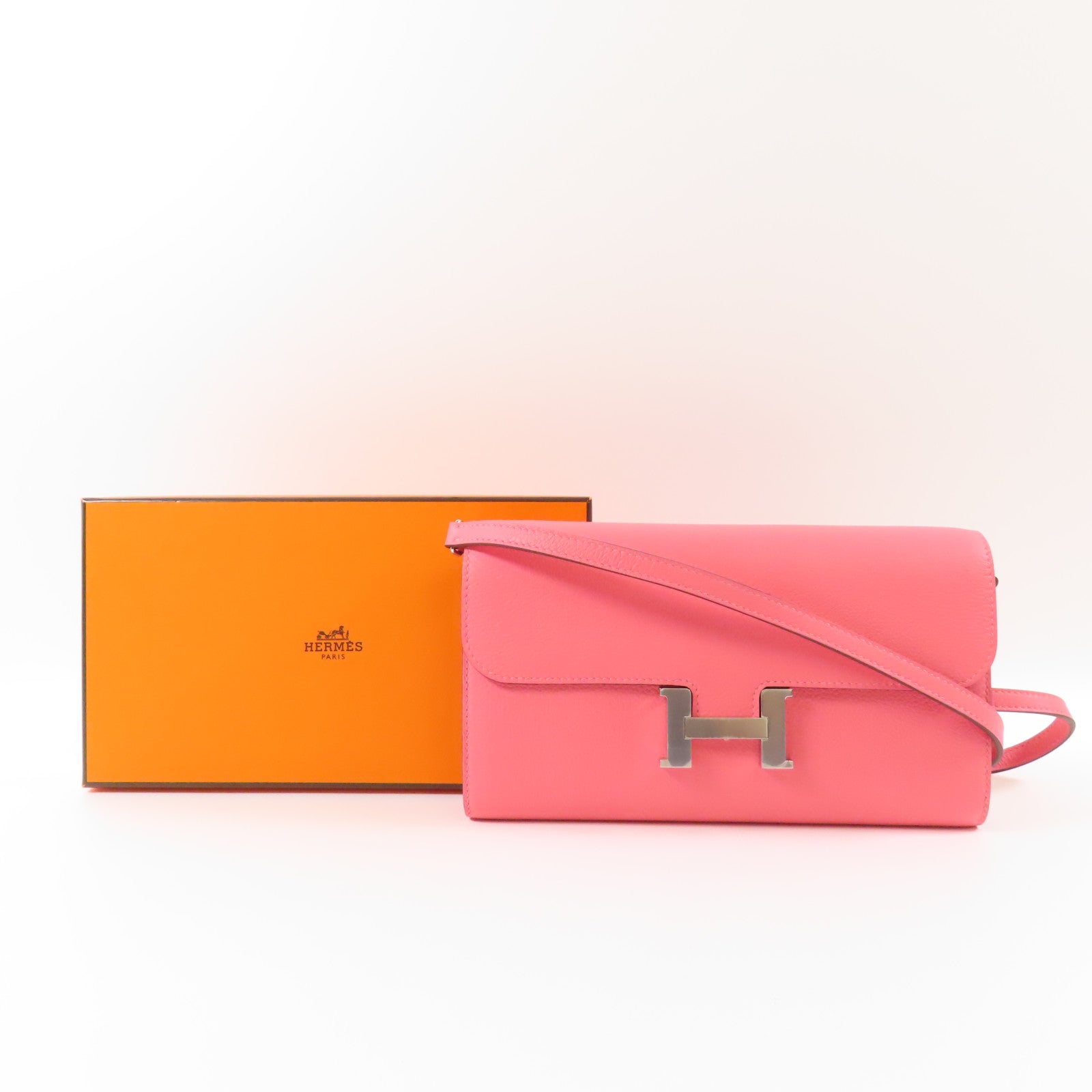 HERMES Evercolor皮革Constance To Go銀扣肩背袋Roze Azalee