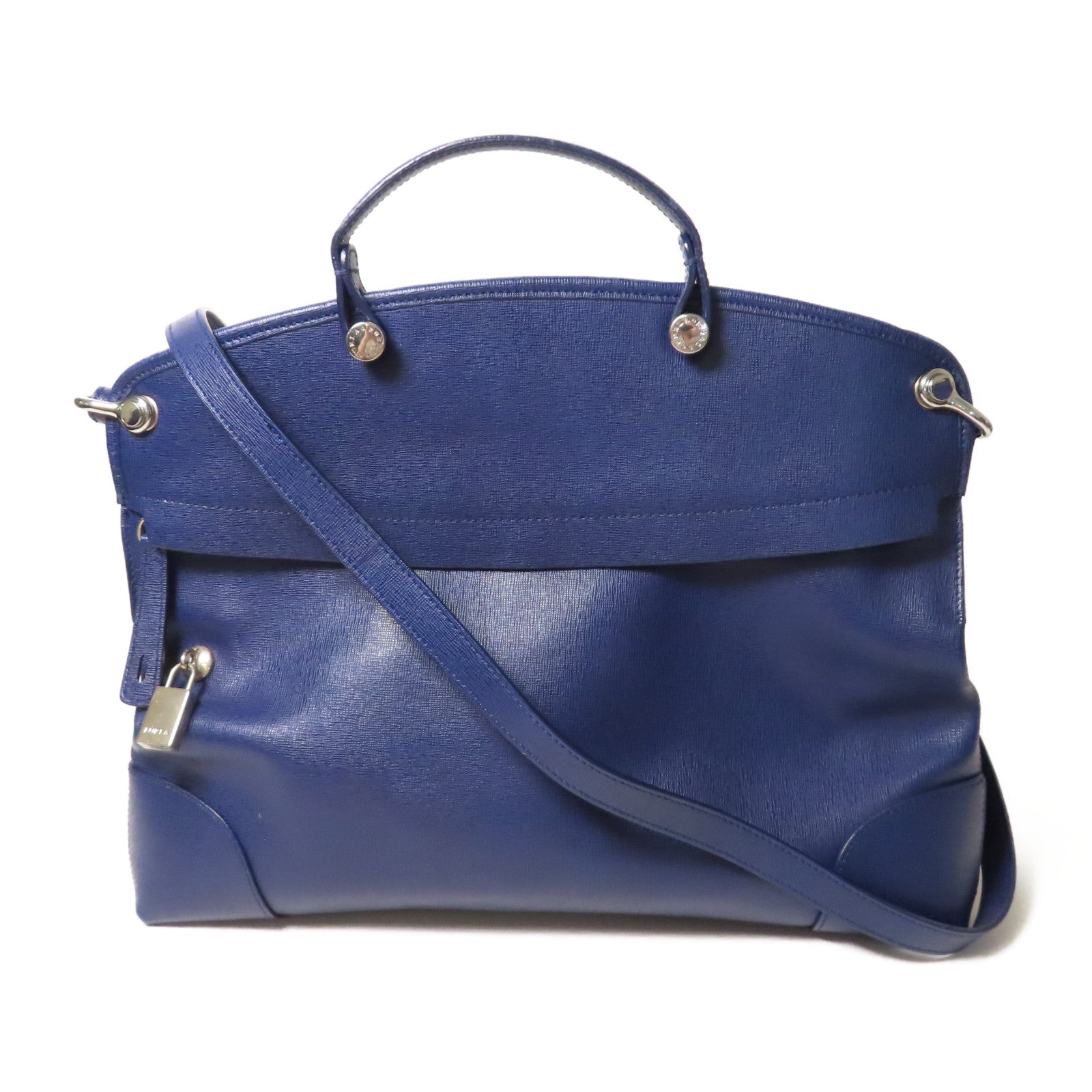Furla 牛皮皮革2 Way Bag銀扣手挽肩背兩用袋藍色