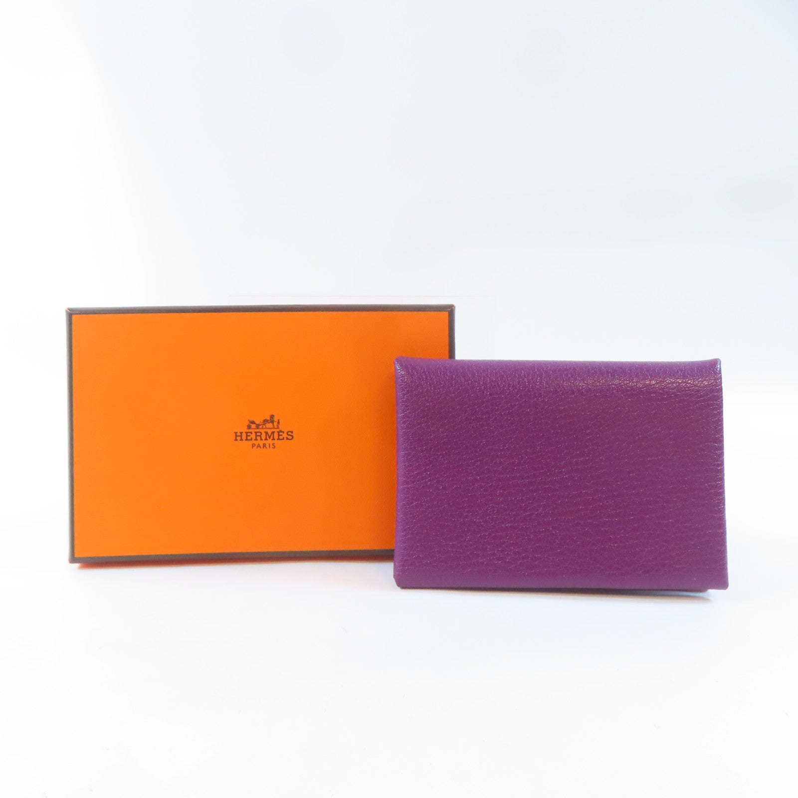 HERMES Chevre皮革Calvi Duo銀扣卡片套紫色