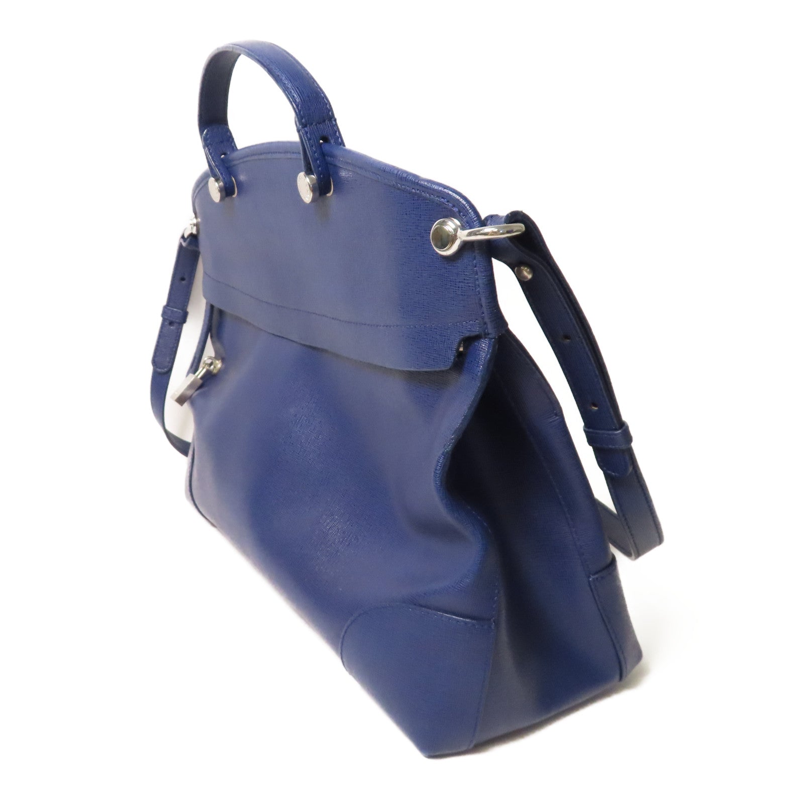 Furla 牛皮皮革2 Way Bag銀扣手挽肩背兩用袋藍色