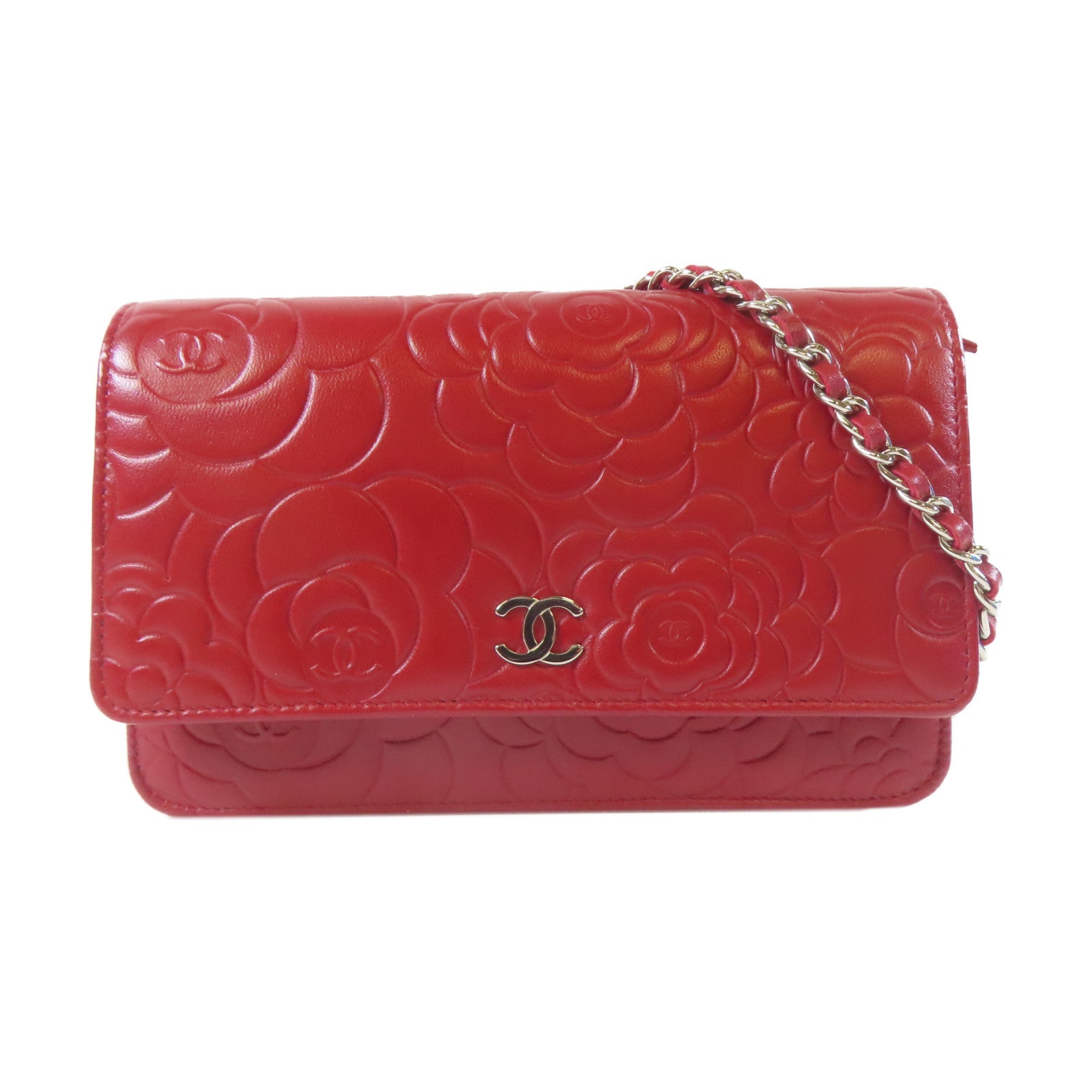 CHANEL 【激減優惠】羊皮皮革Camellia Wallet On Chain銀扣鏈帶肩背袋紅色