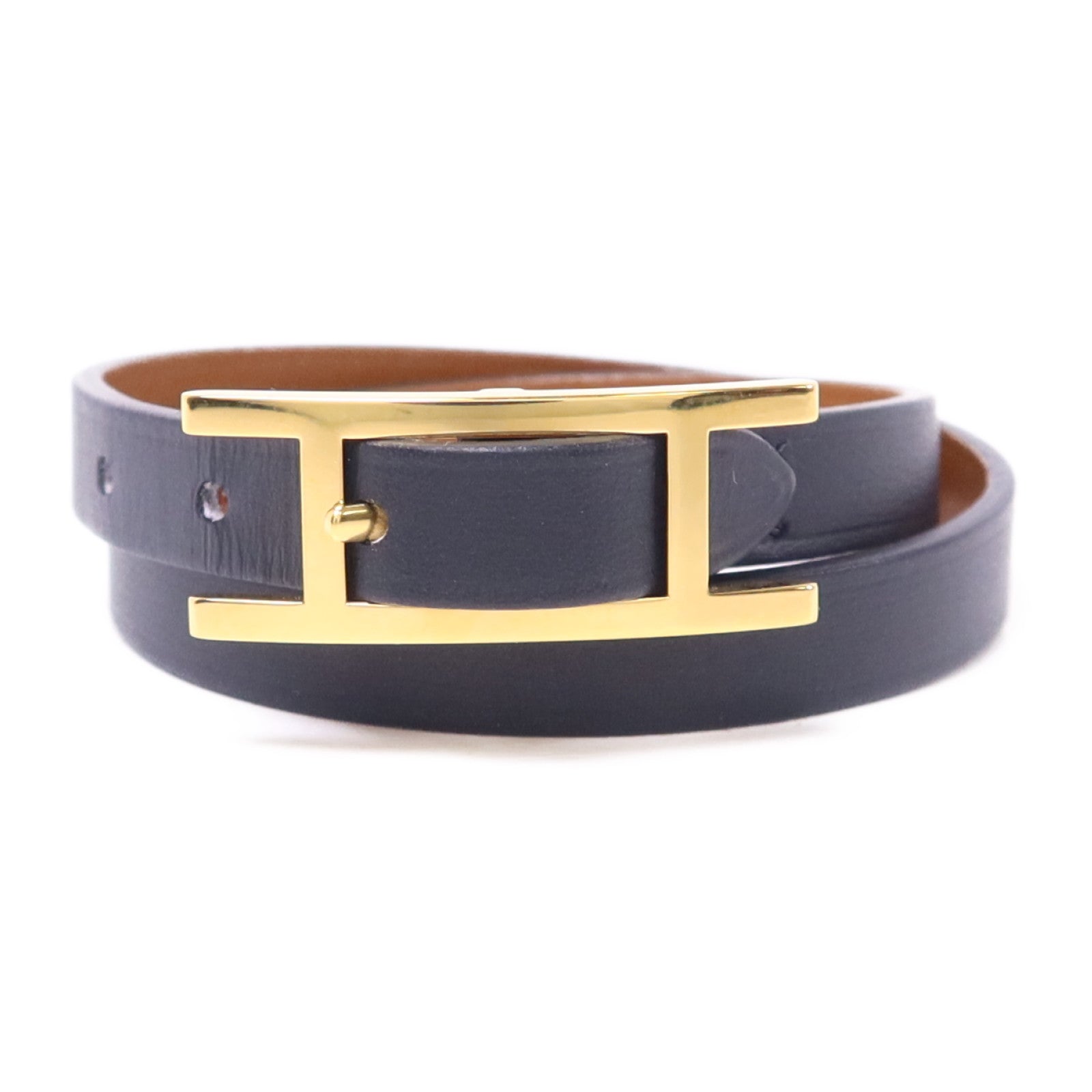 HERMES Swift皮革Behapi Double Tour金扣手鐲Noir