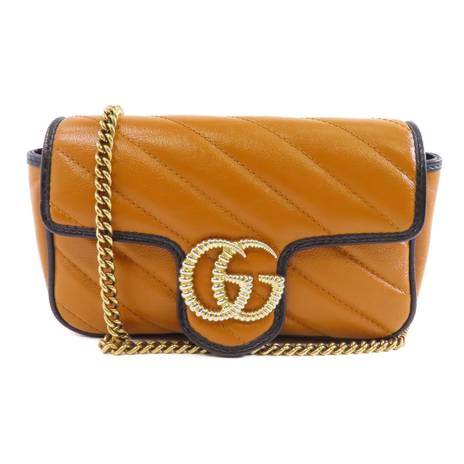 GUCCI 【激減優惠】牛皮皮革GG Marmont金扣鏈帶肩背袋棕色