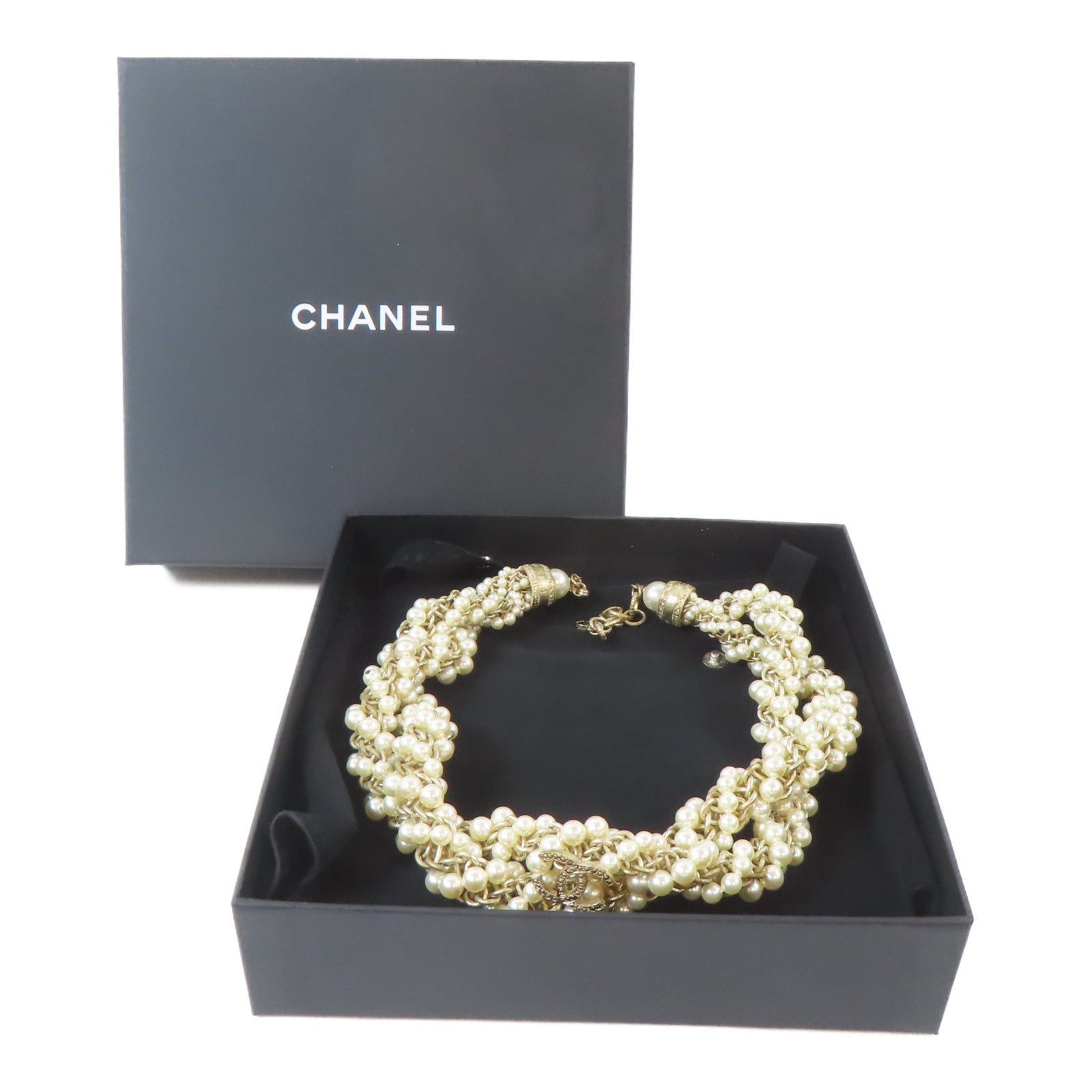 CHANEL PVC/金屬Twist Pearl Choker項鍊白色