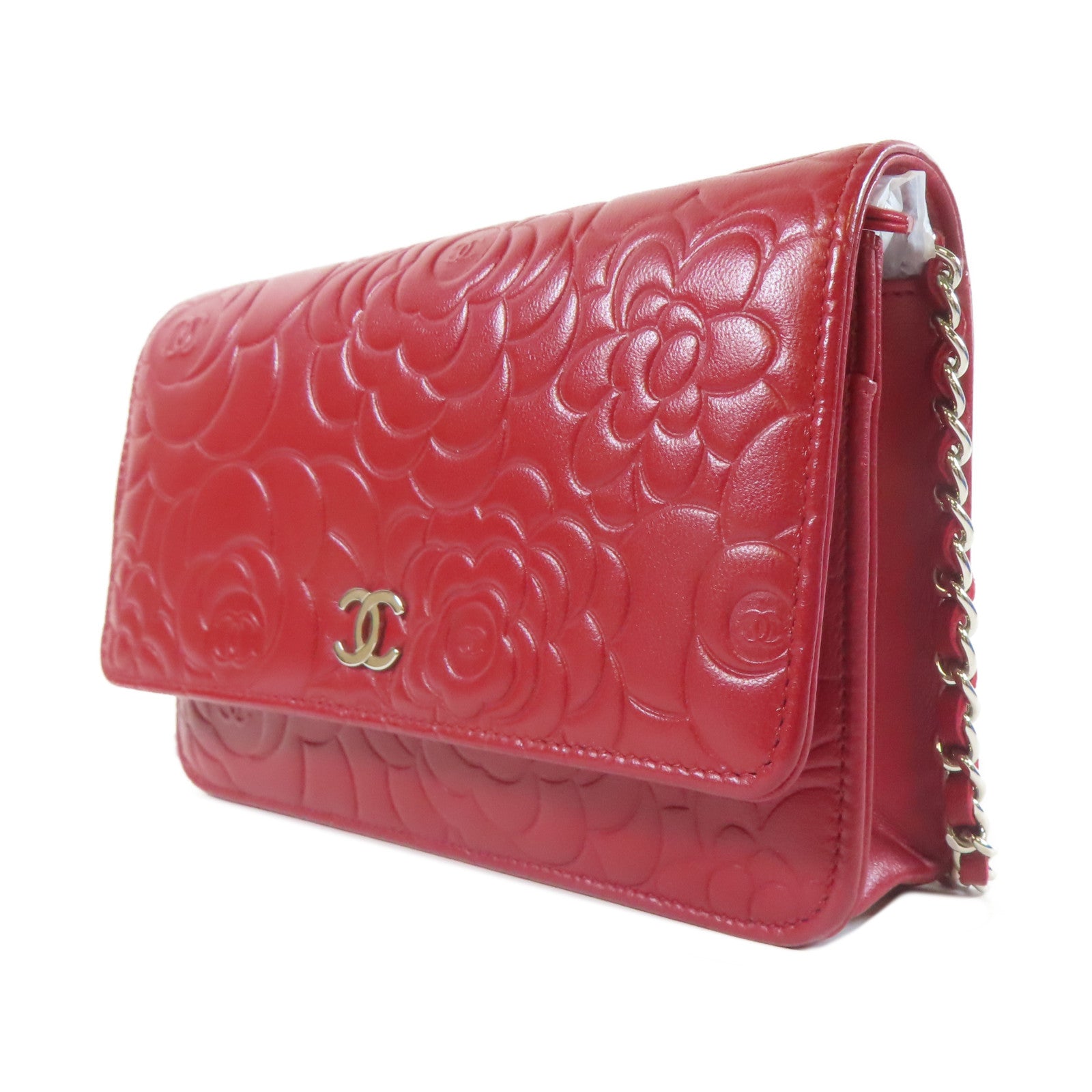 CHANEL 【激減優惠】羊皮皮革Camellia Wallet On Chain銀扣鏈帶肩背袋紅色
