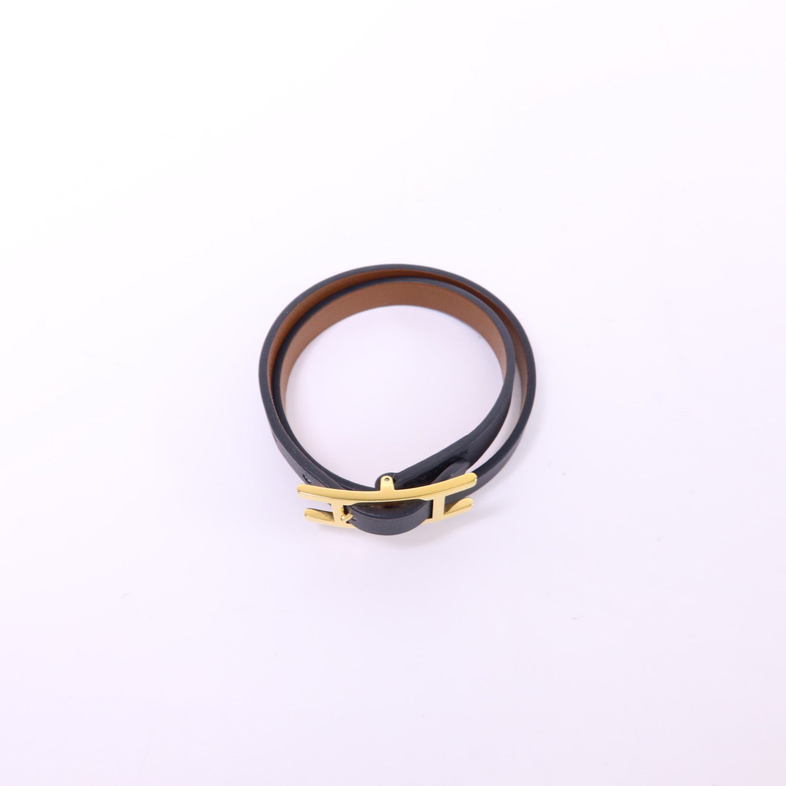 HERMES Swift皮革Behapi Double Tour金扣手鐲Noir
