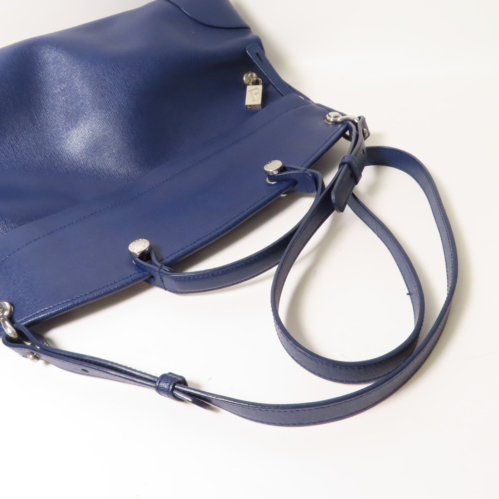 Furla 牛皮皮革2 Way Bag銀扣手挽肩背兩用袋藍色