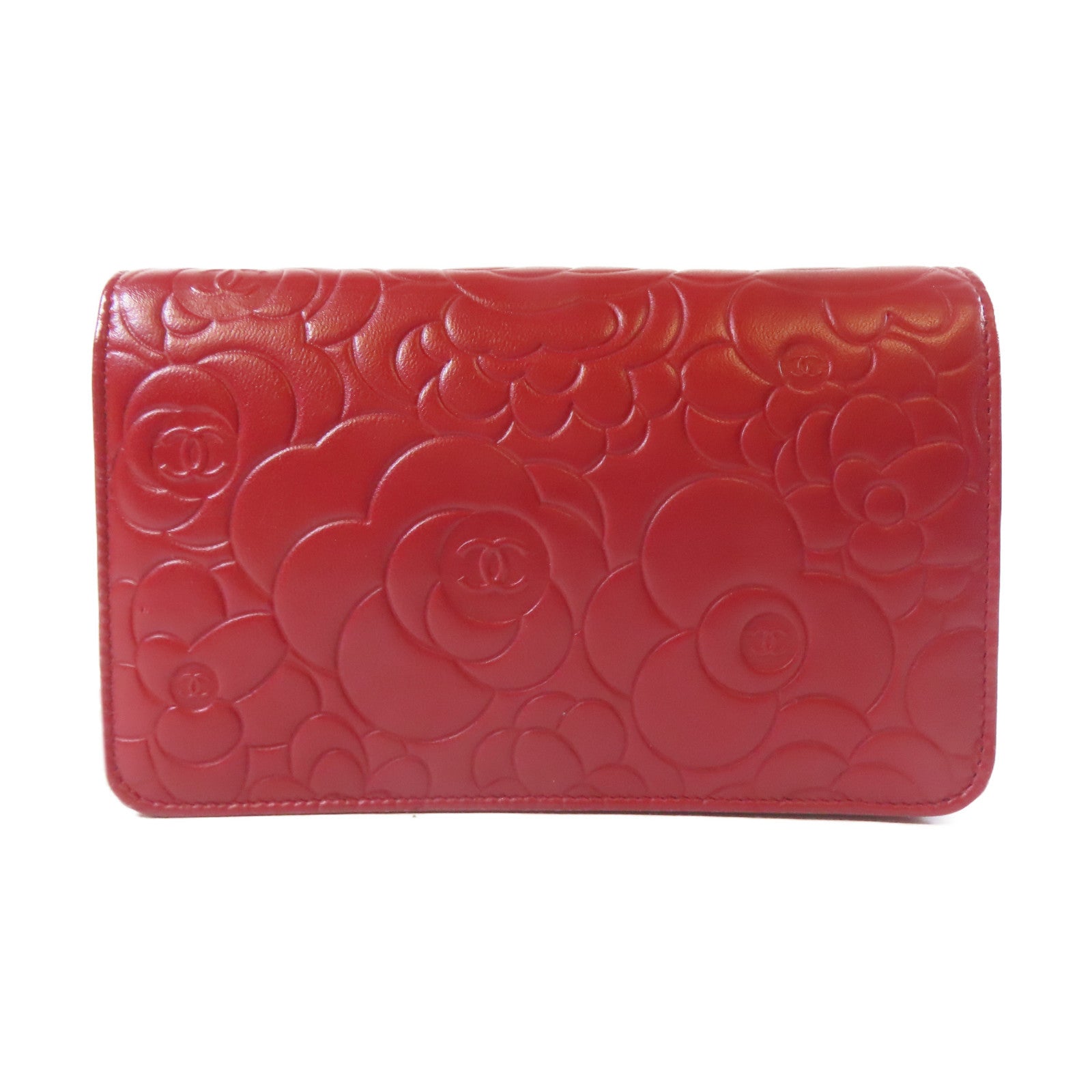 CHANEL 【激減優惠】羊皮皮革Camellia Wallet On Chain銀扣鏈帶肩背袋紅色